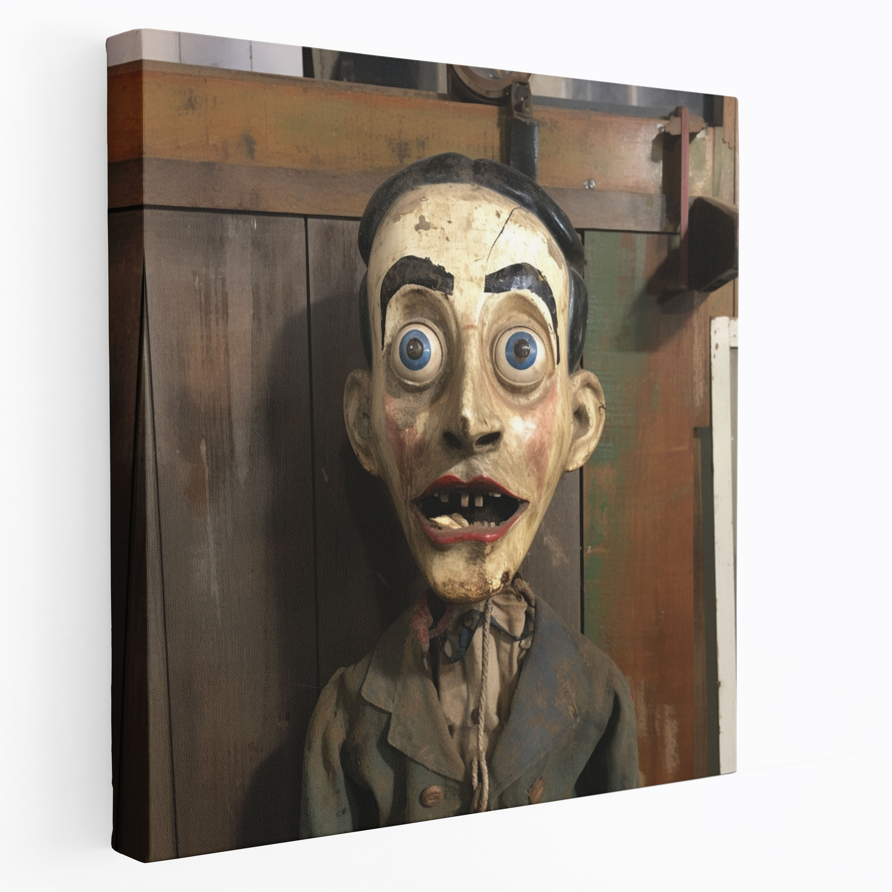Vintage Ventriloquist Dummy Canvas Print - Puppet, Haunting Eyes, Wall Art, Puppet