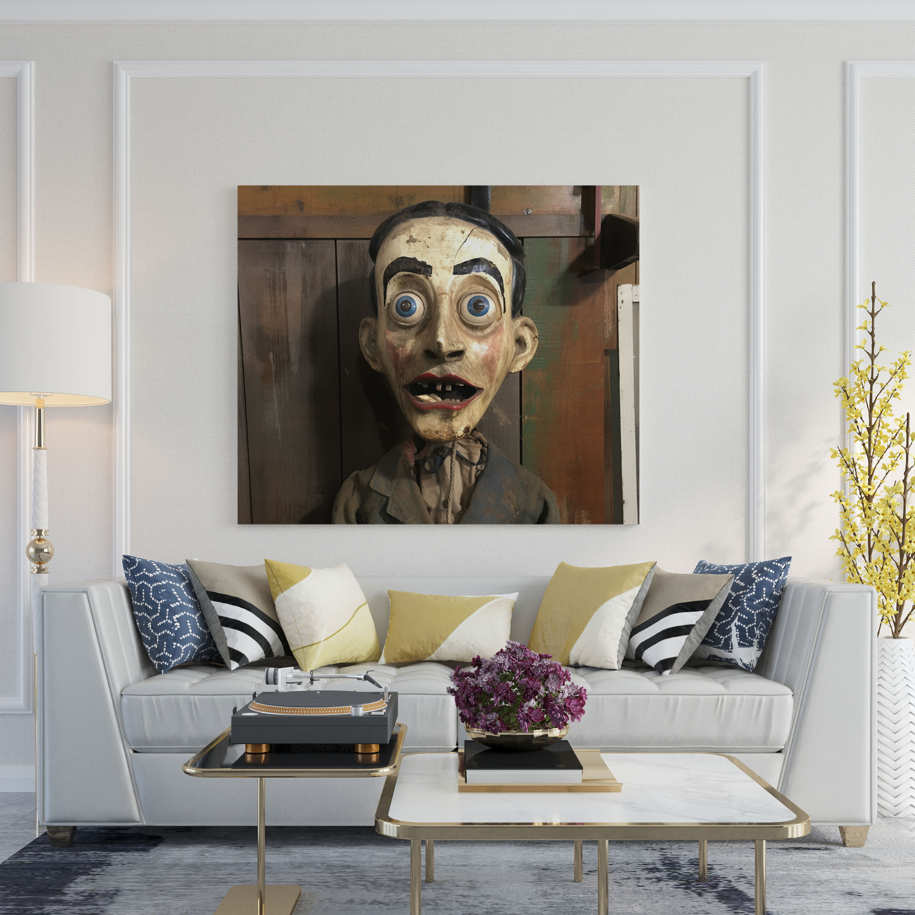 Vintage Ventriloquist Dummy Canvas Print - Puppet, Haunting Eyes, Wall Art, Puppet