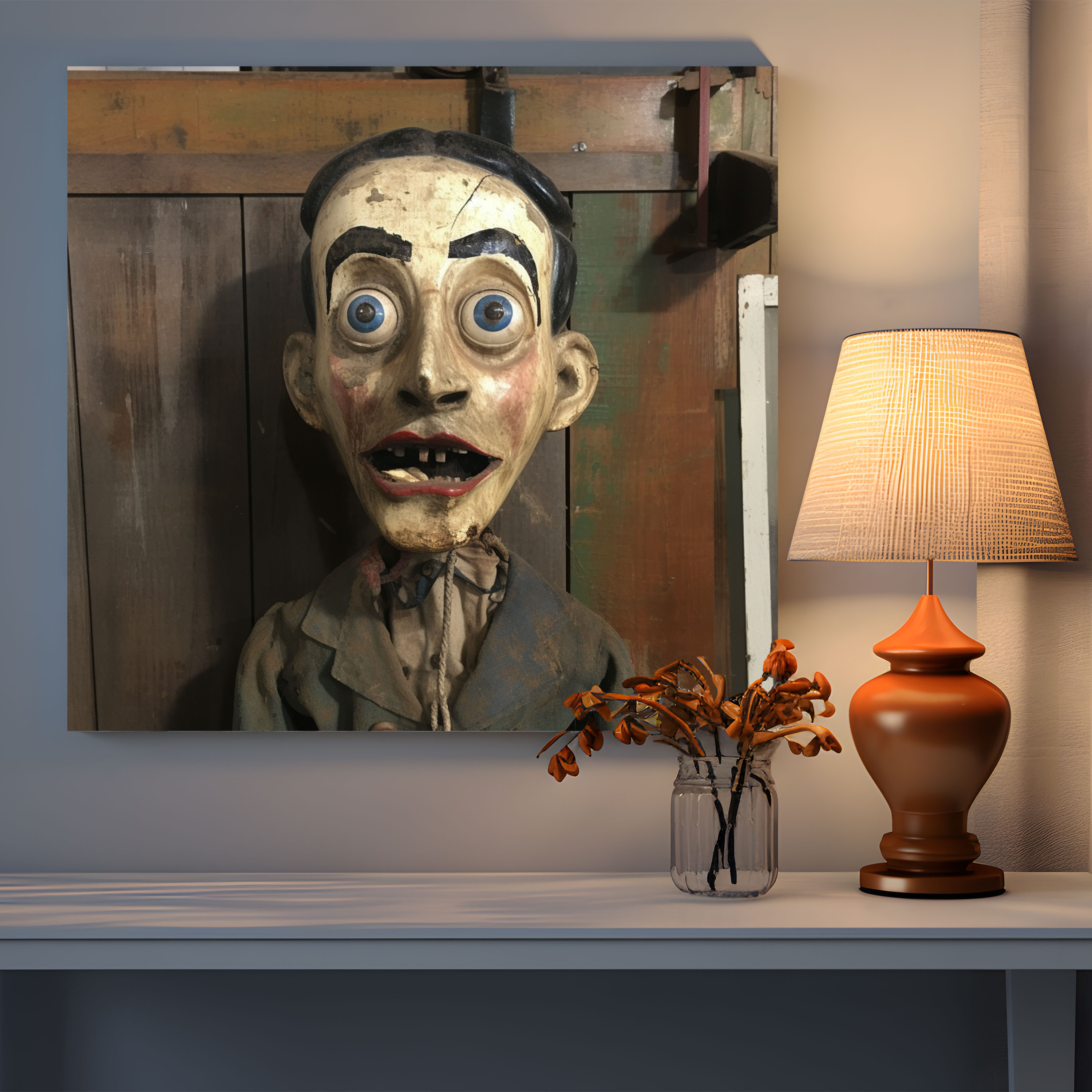 Vintage Ventriloquist Dummy Canvas Print - Puppet, Haunting Eyes, Wall Art, Puppet