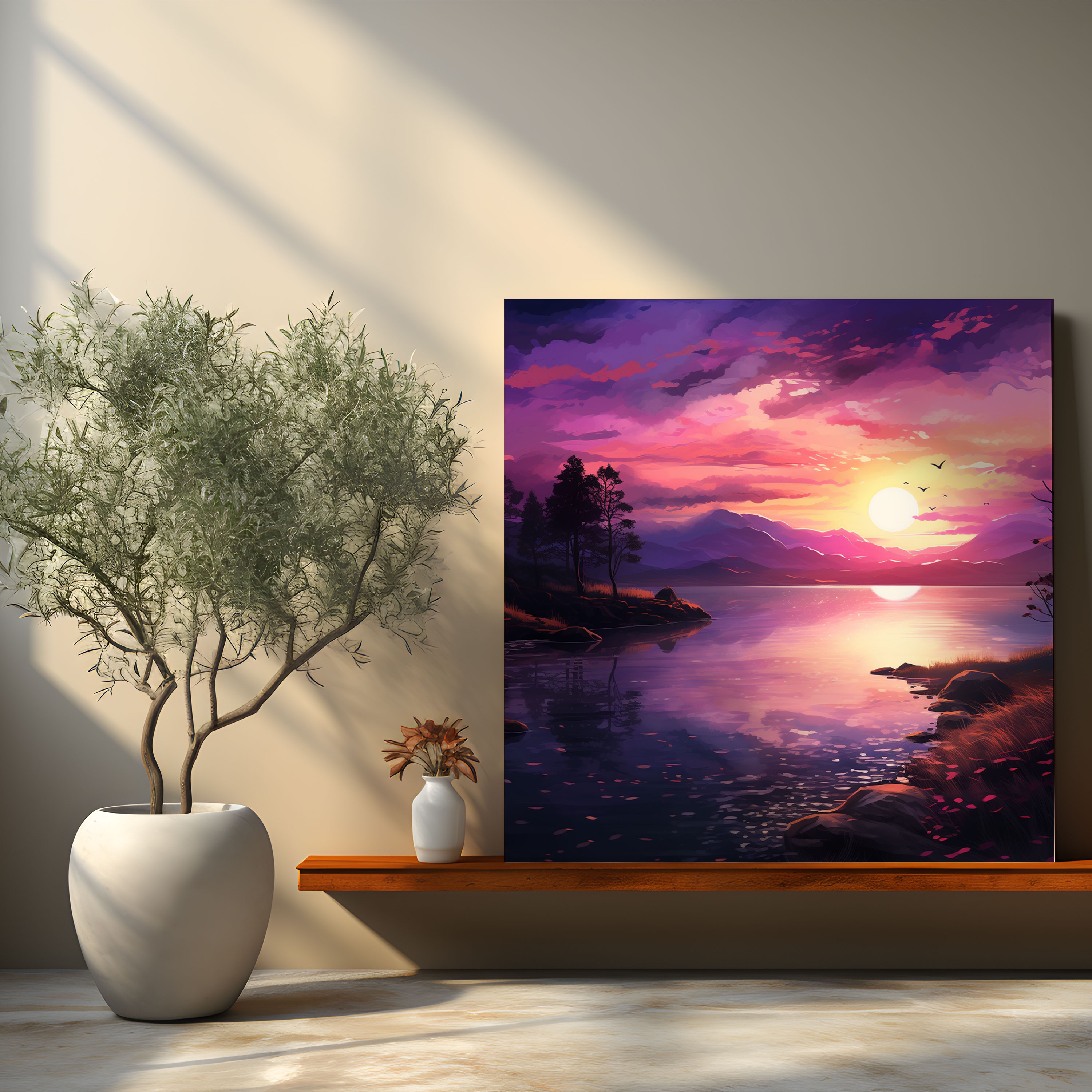 Purple Sunset Lake Wall Art - Purple, Home Decoration, Canvas Print, Canvas Wall Art