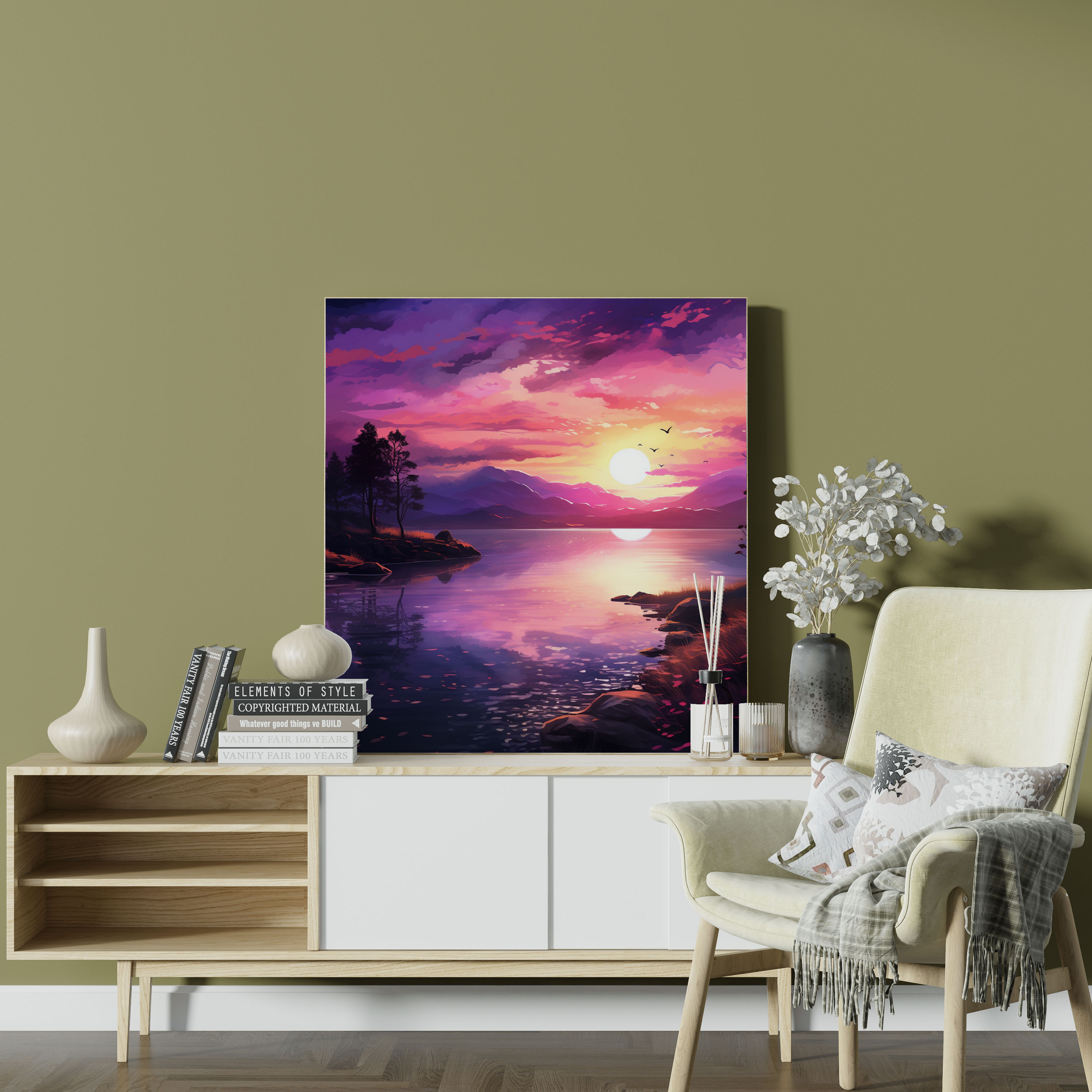 Purple Sunset Lake Wall Art - Purple, Home Decoration, Canvas Print, Canvas Wall Art