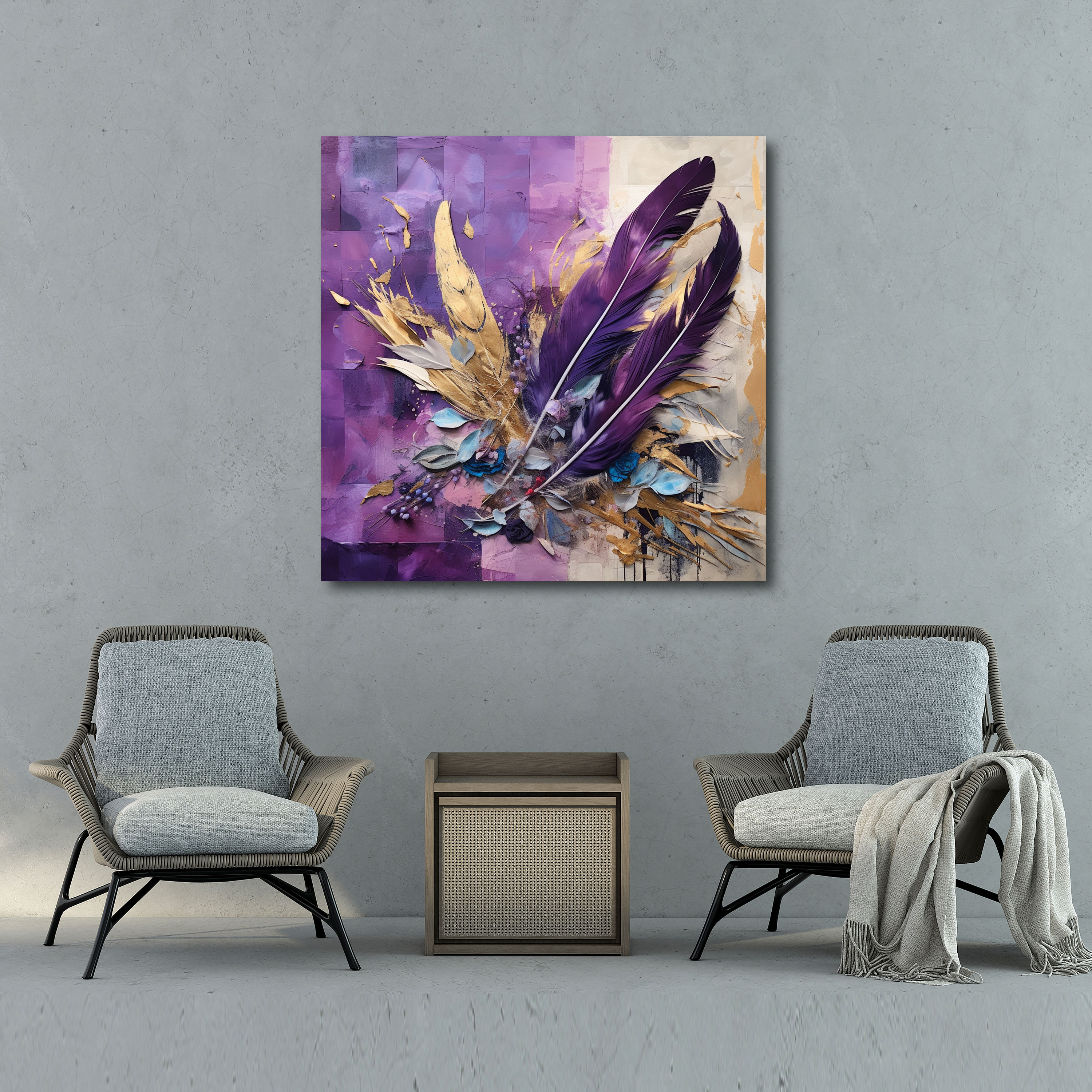 Purple Feathers Canvas Print - Purple, Wall Decoration, Purple Canvas Print, Mixed Media