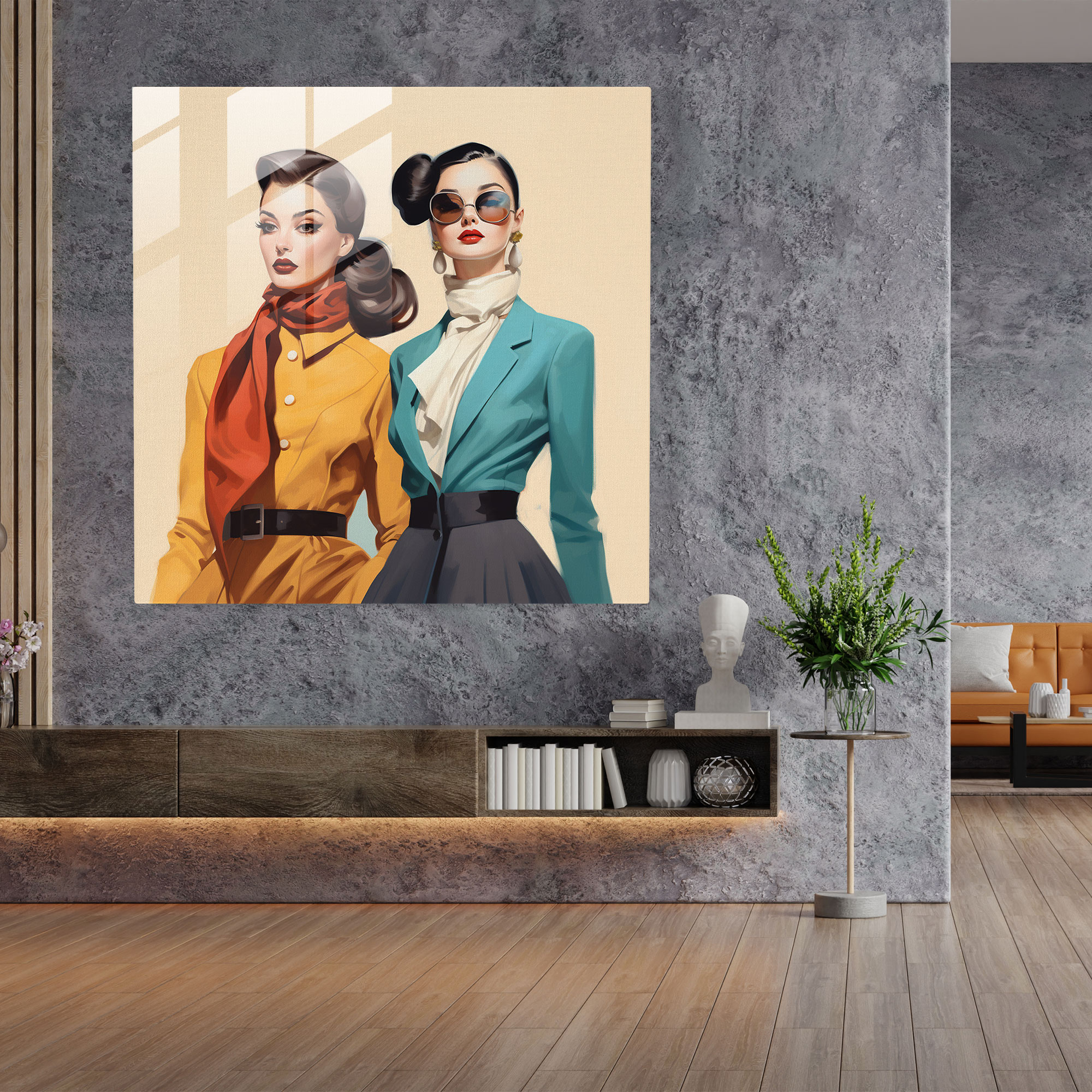 Fashion Time Machine Glass Print - Retro, Retro, Vintage Attire, Modern Art