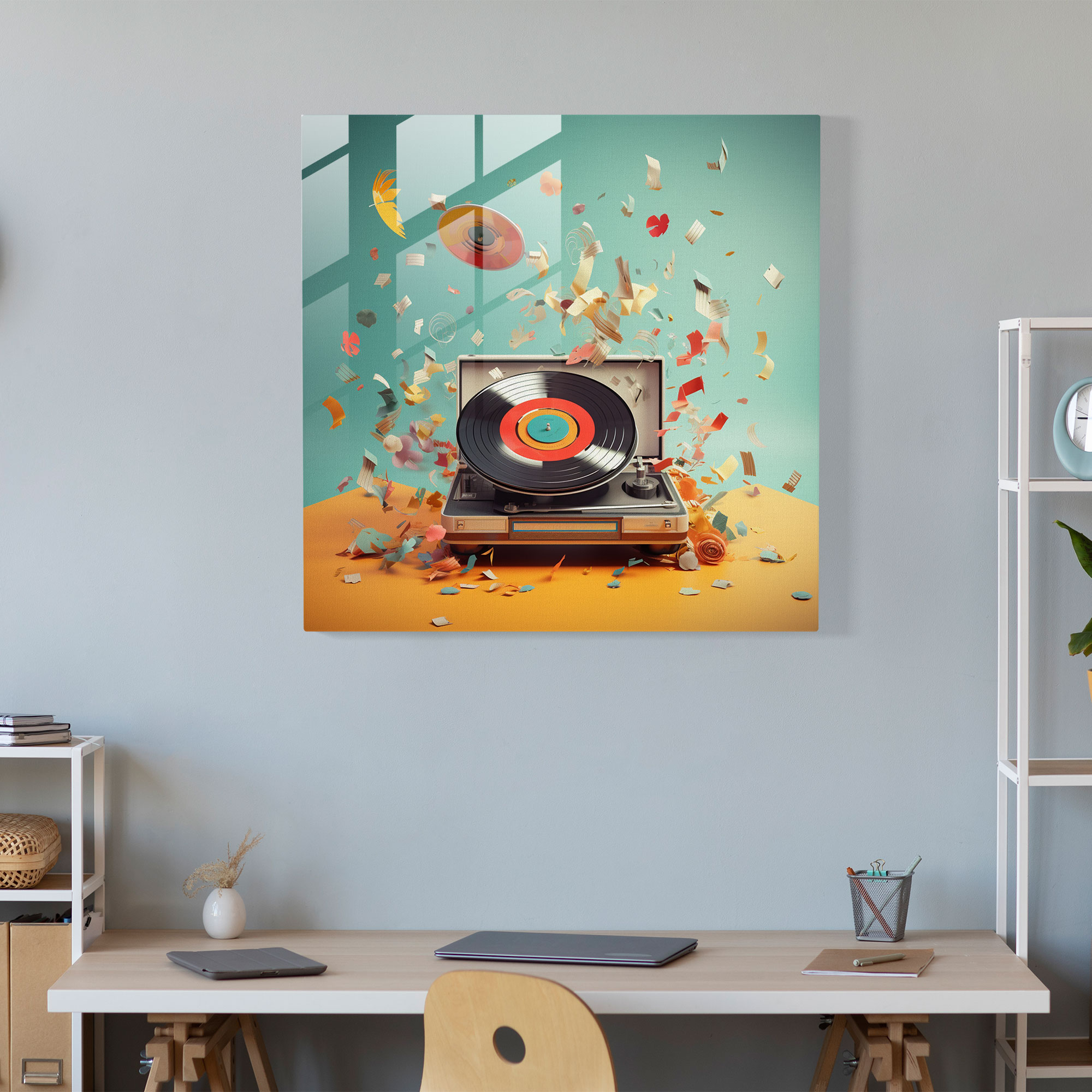 Colorful Record Player Glass Print - Retro, Lively Colors, Home Decoration, Music Notes