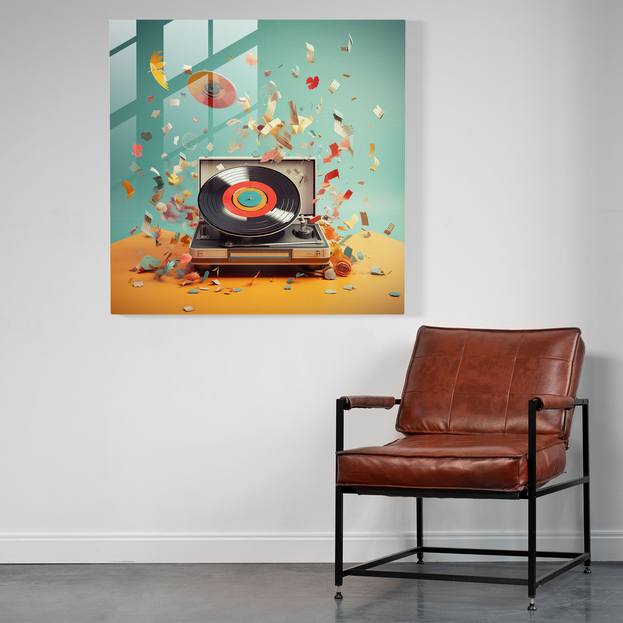 Colorful Record Player Glass Print - Retro, Lively Colors, Home Decoration, Music Notes