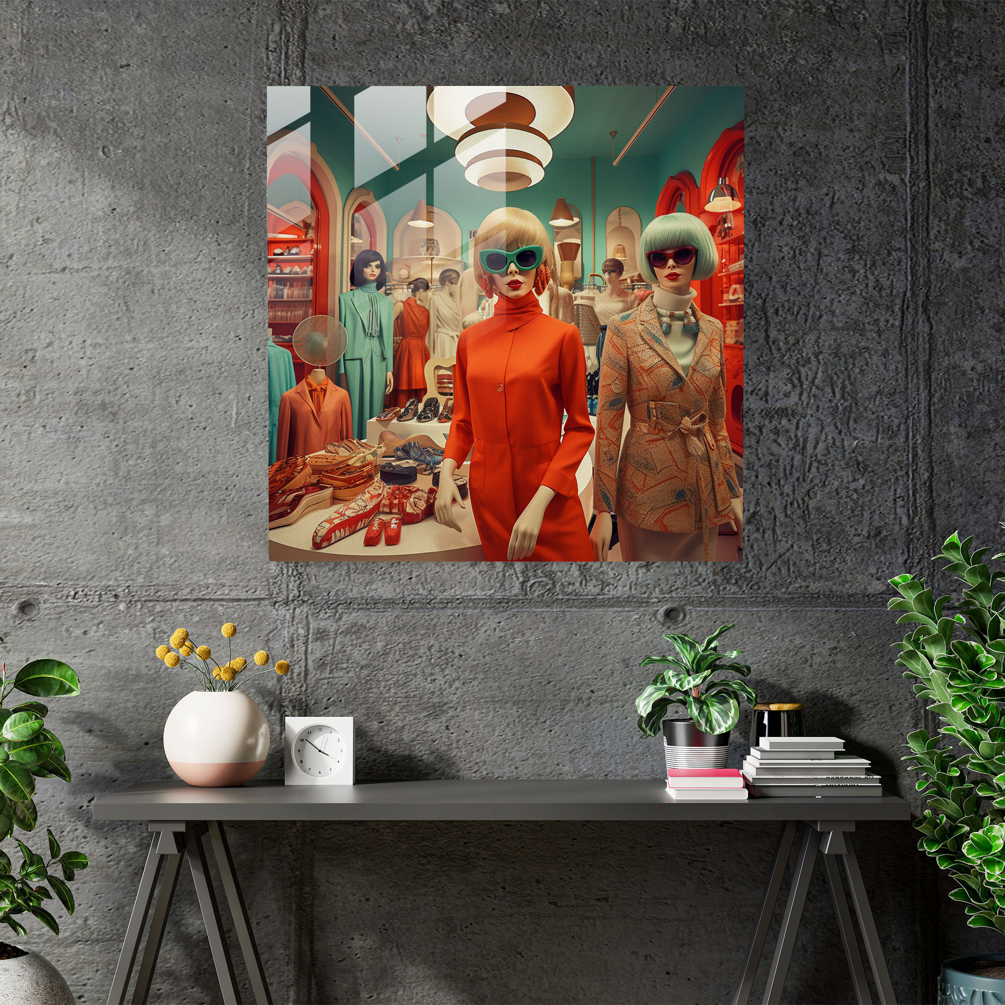 Retro Fashion Boutique Glass Print - Retro, 1960S Outfits, Glass Wall Art, Timeless Style