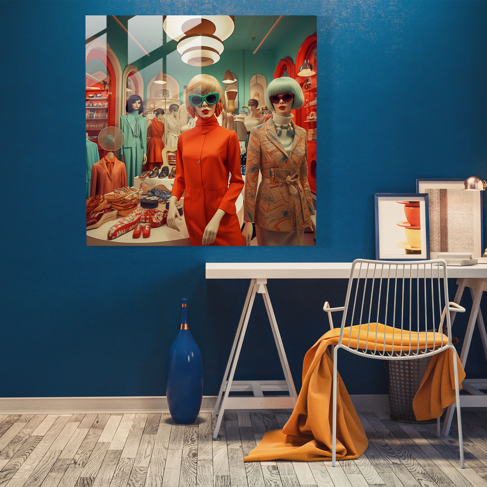 Retro Fashion Boutique Glass Print - Retro, 1960S Outfits, Glass Wall Art, Timeless Style