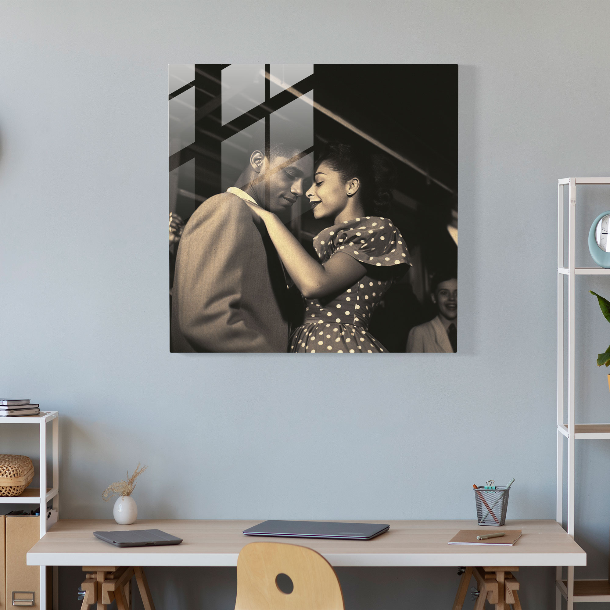 Glasbild Vintage Tanzparty - Retro Paartanz Wanddekoration Schwarz-Weiß Fotografie.