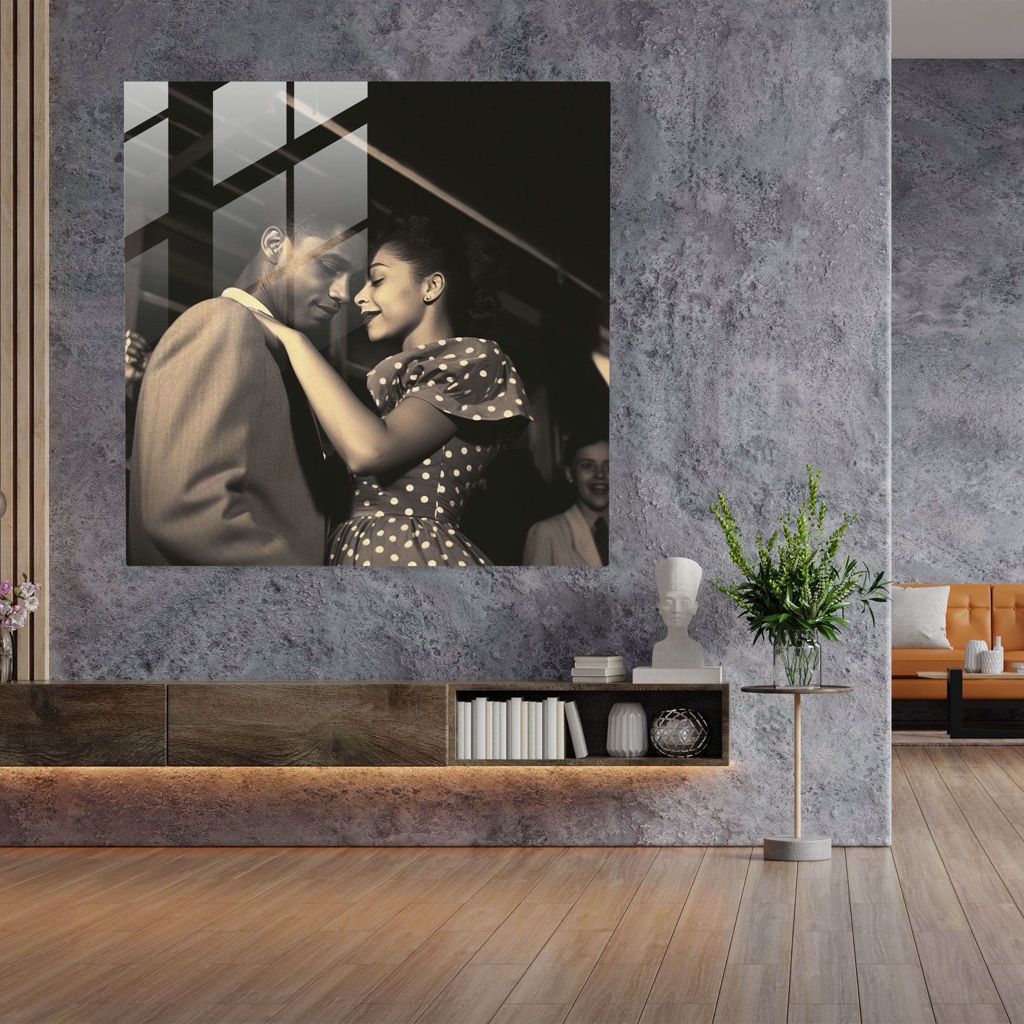 Glasbild Vintage Tanzparty - Retro Paartanz Wanddekoration Schwarz-Weiß Fotografie.