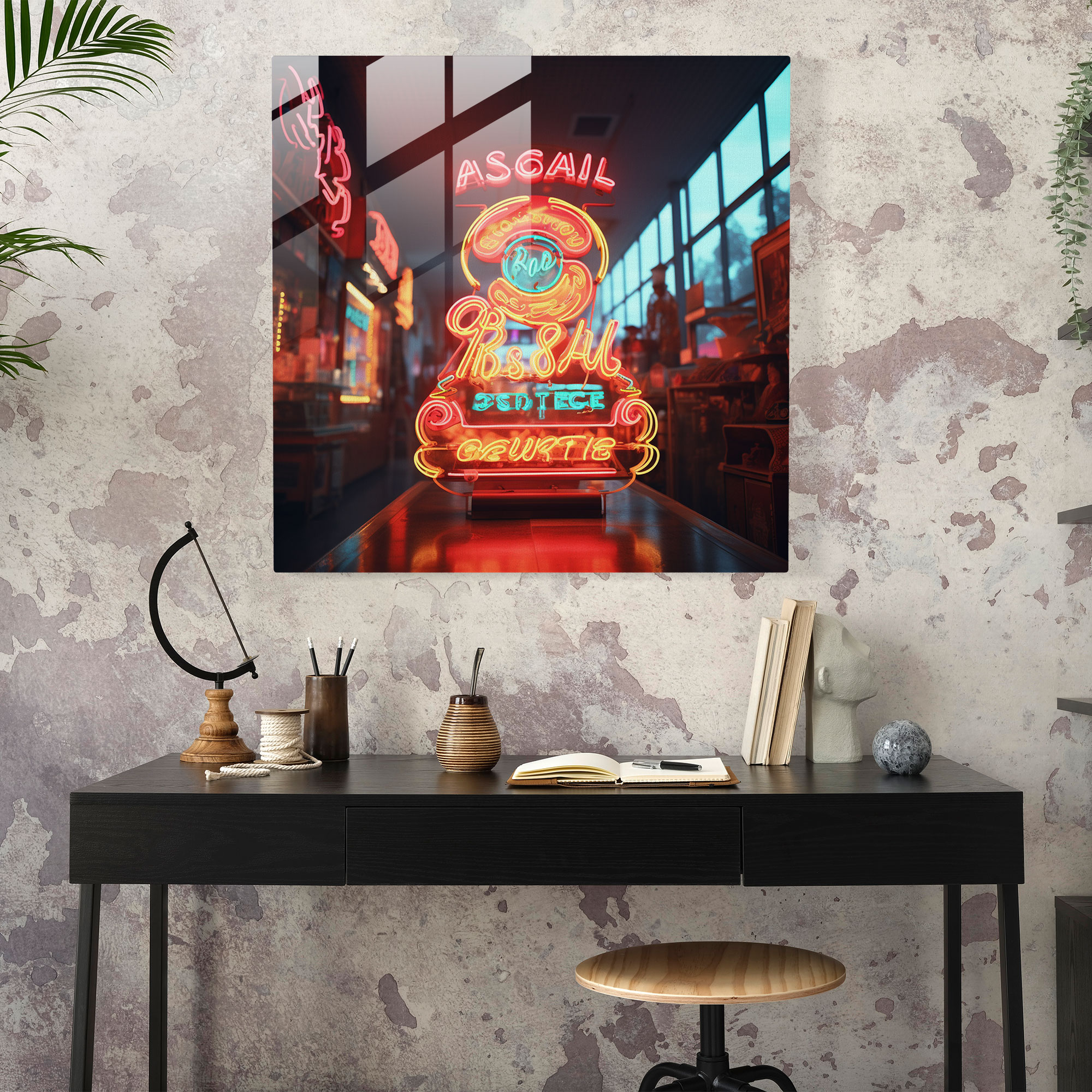 Retro Neon Typografie Glasbild - Retro Glas Kunst Moderne Kunst Wanddekoration