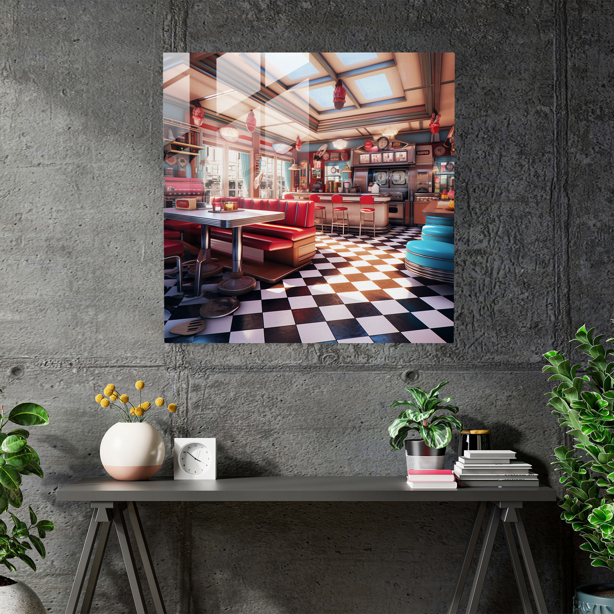 Retro Diner Glass Print - Retro, Home Decoration, Checkered Floors, Modern Art