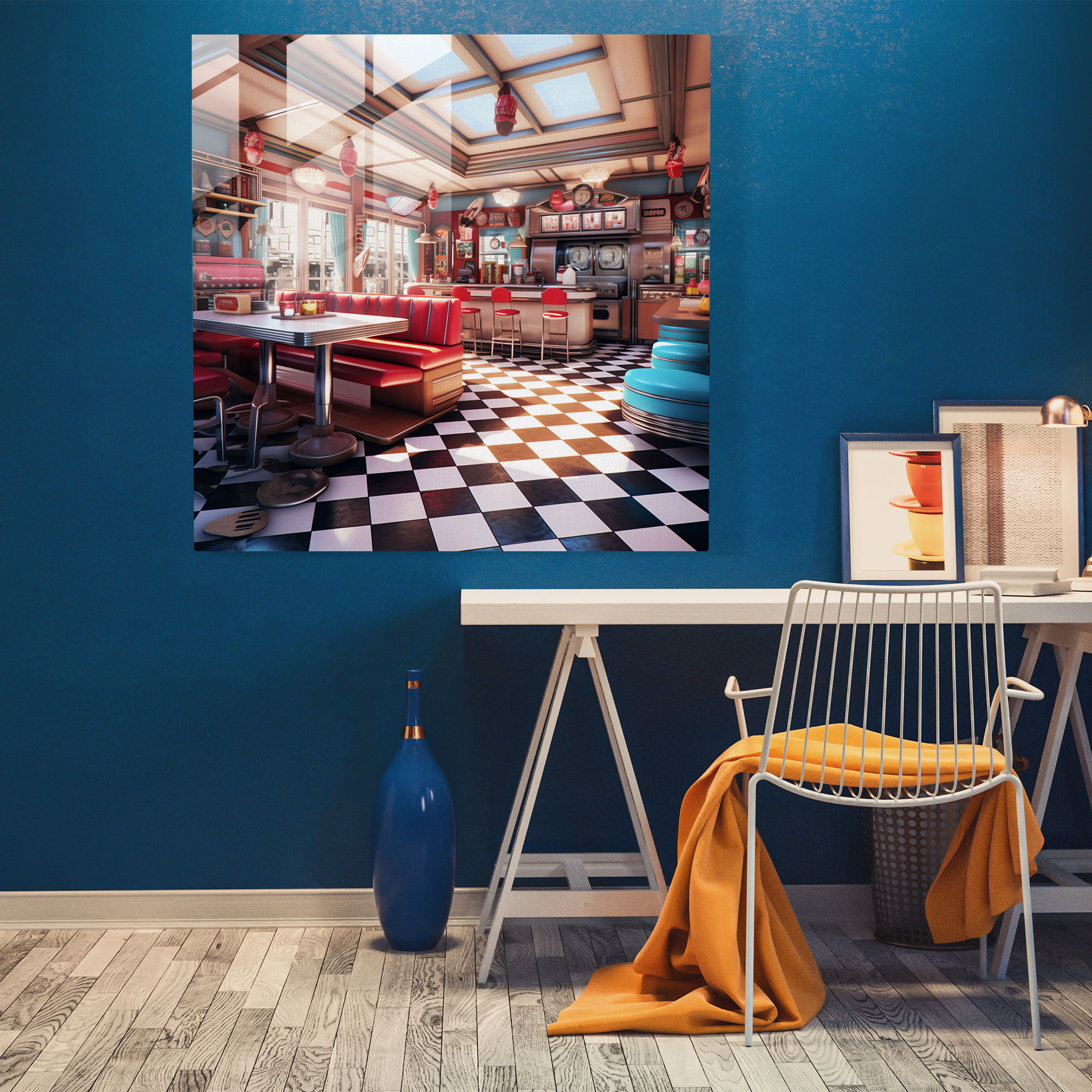 Retro Diner Glass Print - Retro, Home Decoration, Checkered Floors, Modern Art