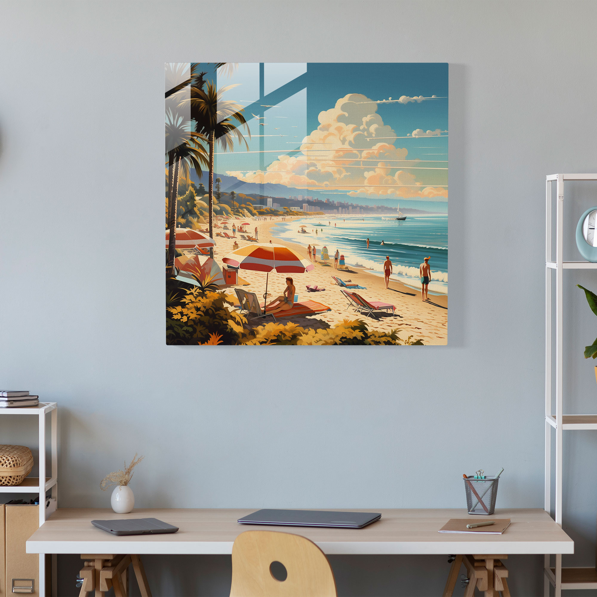 Retro Strandglasdruck - Glaswandkunst Bunte Sonnenschirme Wanddekoration
