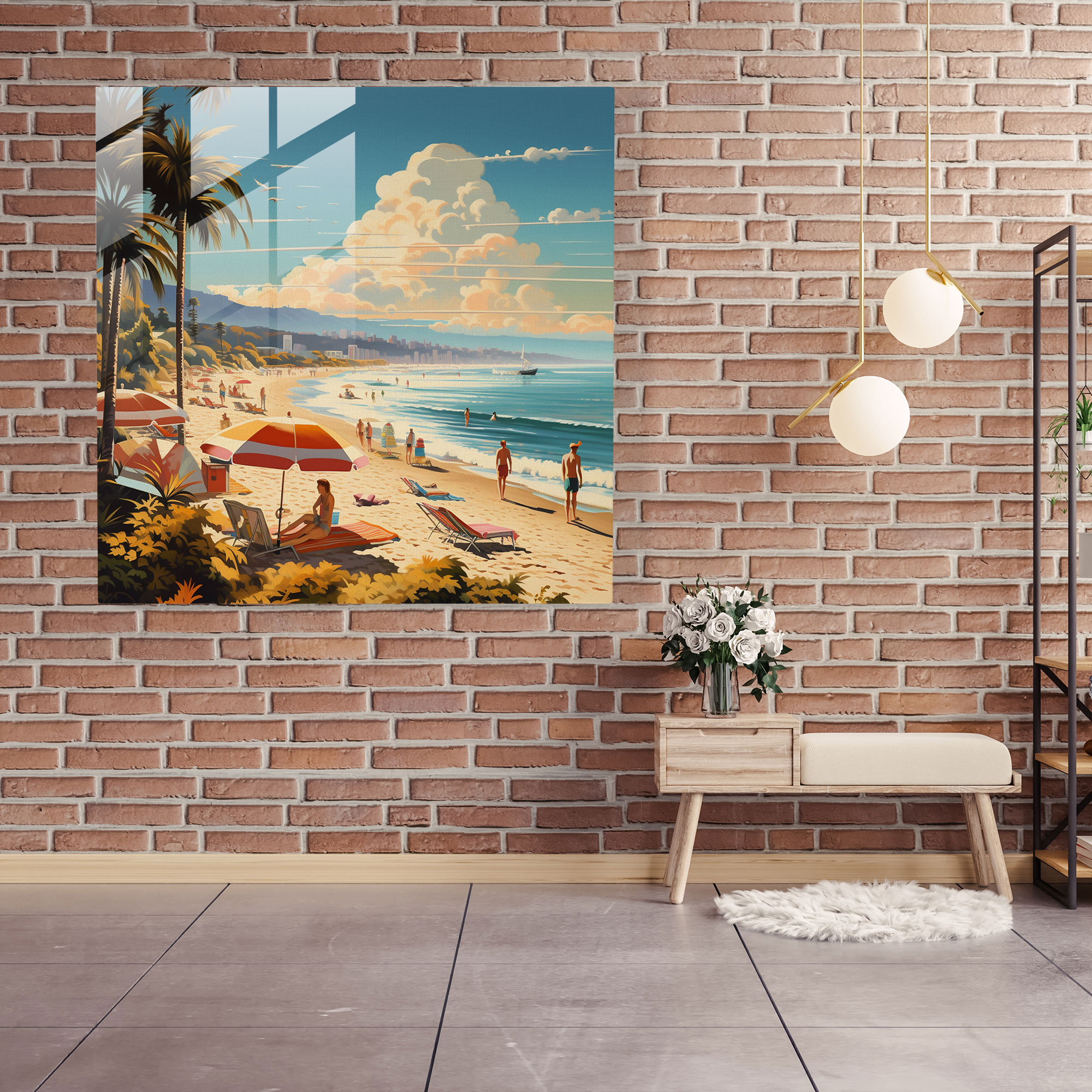 Retro Strandglasdruck - Glaswandkunst Bunte Sonnenschirme Wanddekoration