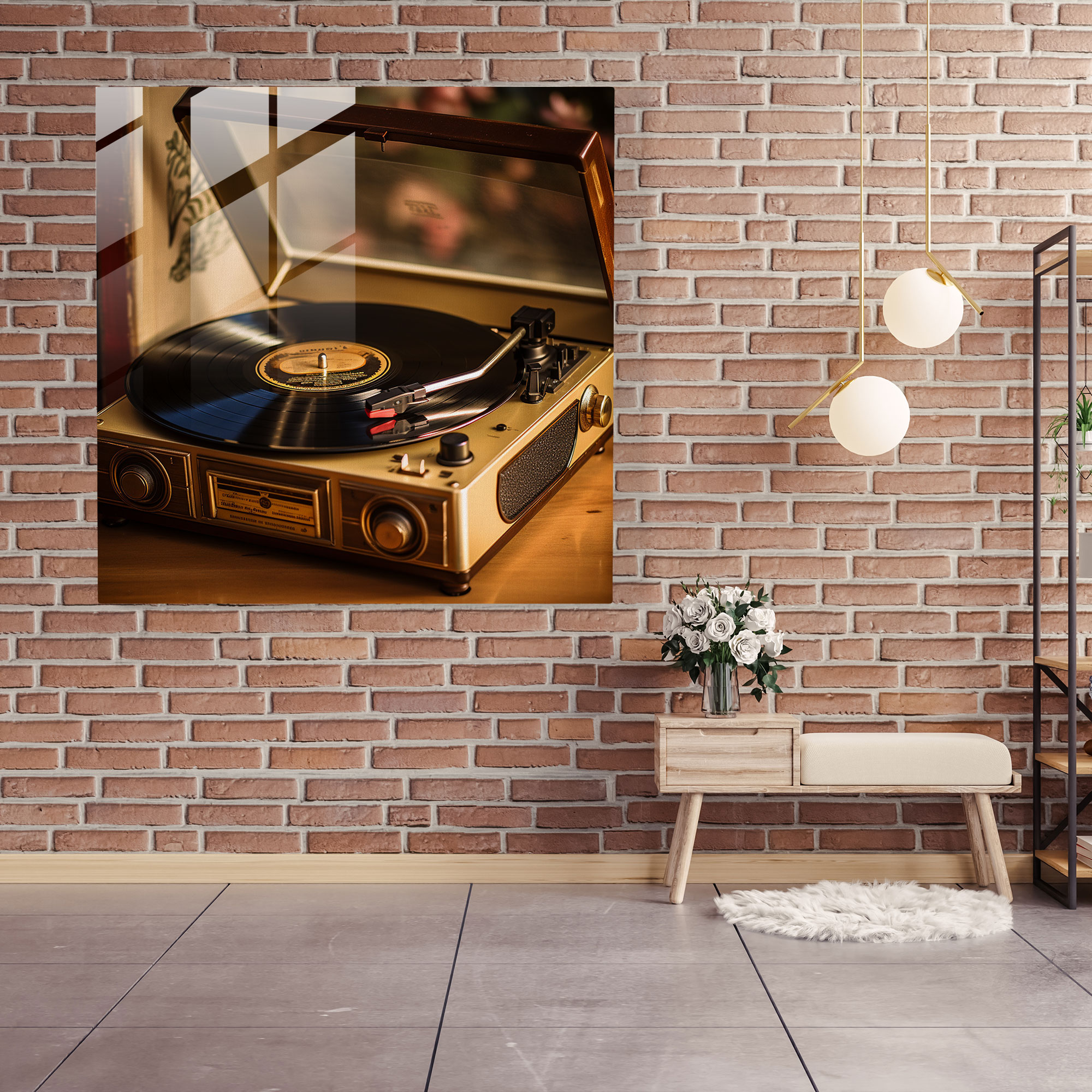 Retro Vinil Plak Cam Tablo - Vintage Ev Dekorasyonu Plak Çalar Cam Duvar Sanatı