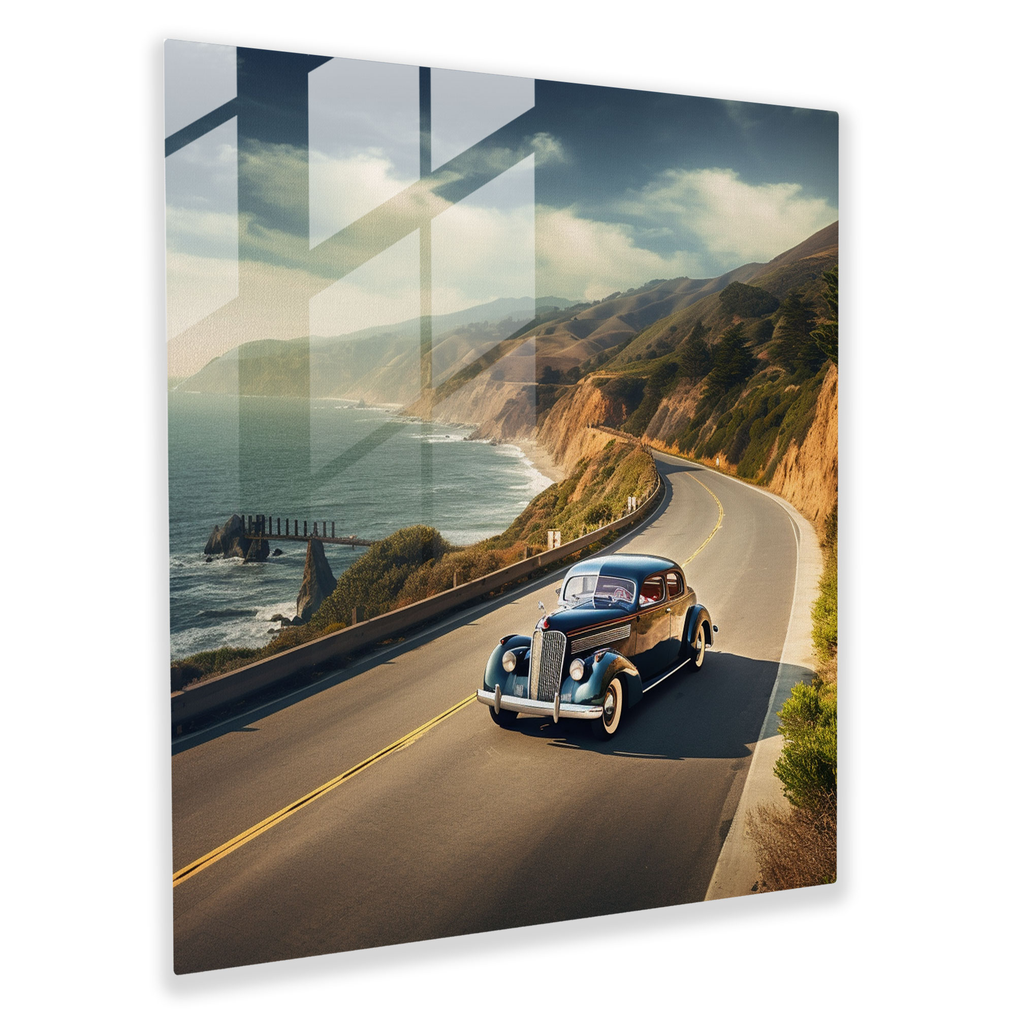 Vintage Coastal Drive Glass Print - Retro, Home Decoration, Glass Print, Glass Wall Art