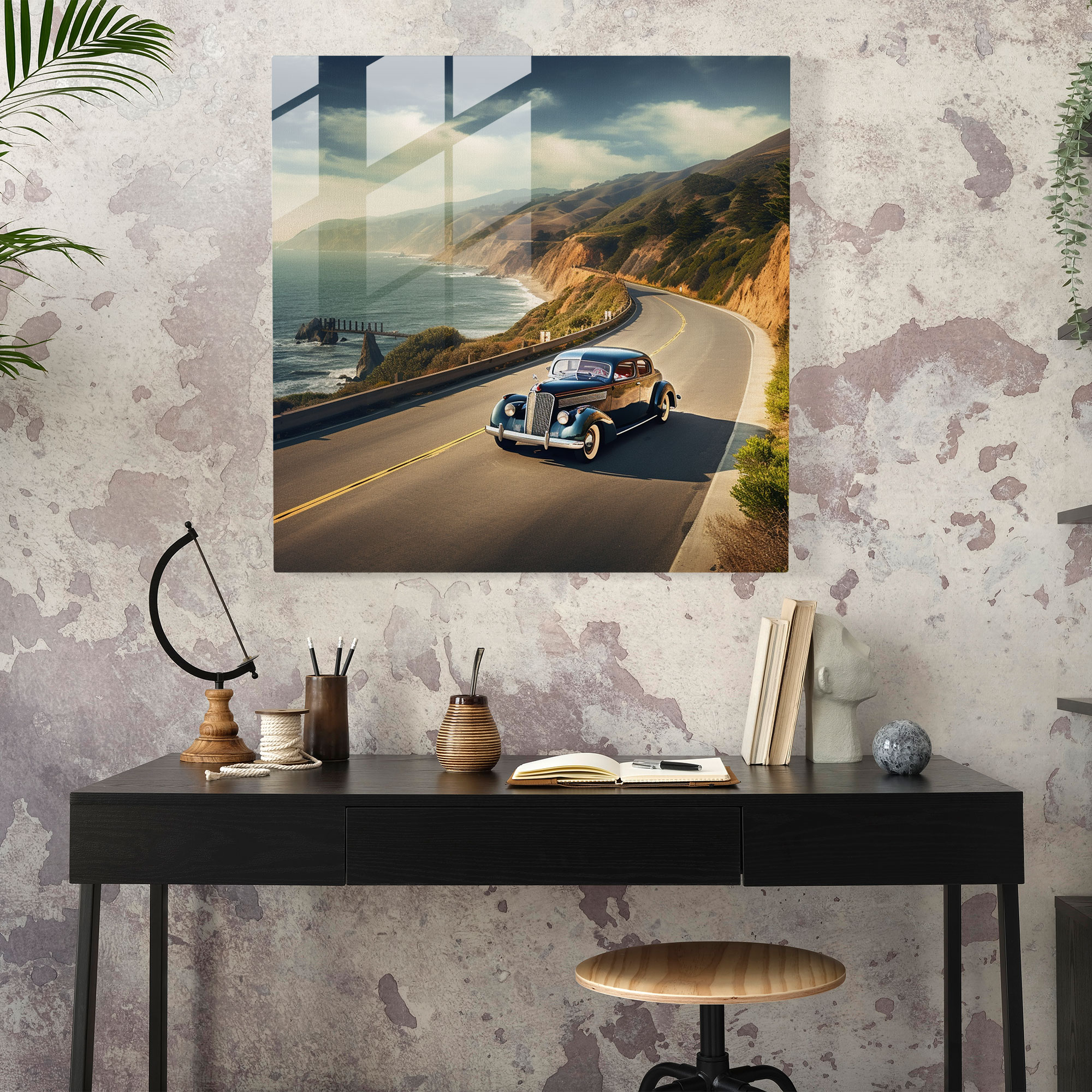 Vintage Coastal Drive Glass Print - Retro, Home Decoration, Glass Print, Glass Wall Art