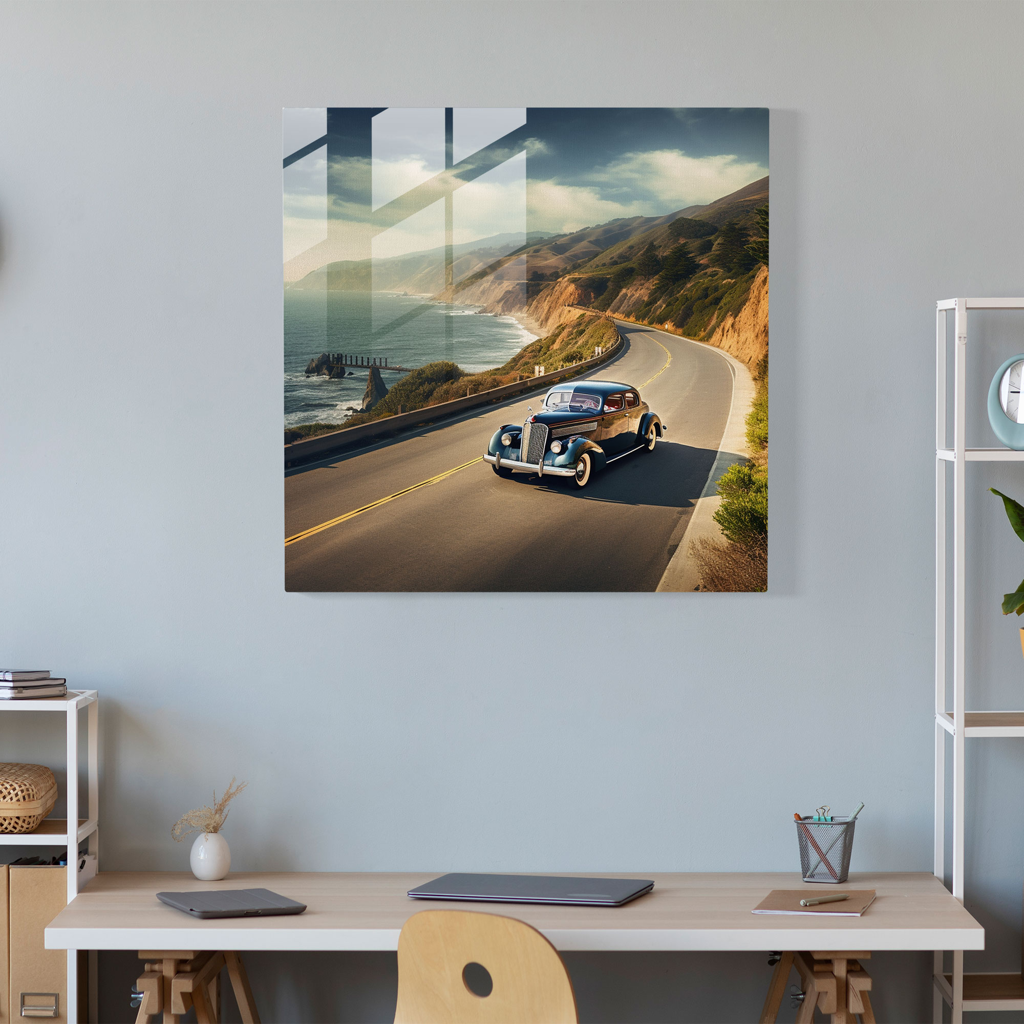Vintage Coastal Drive Glass Print - Retro, Home Decoration, Glass Print, Glass Wall Art