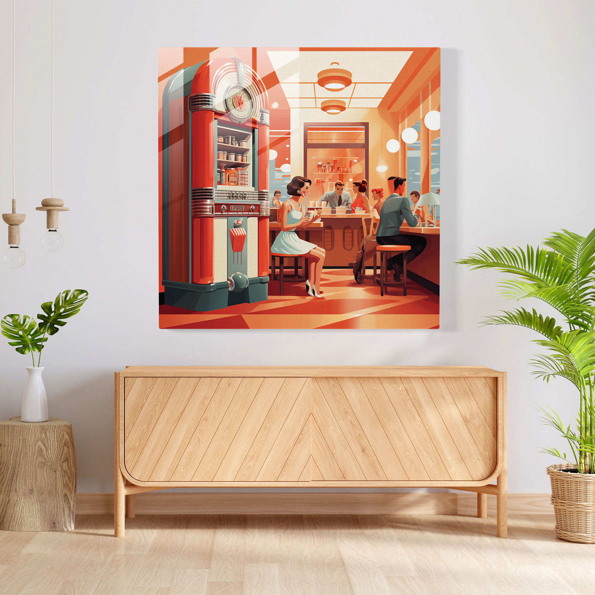 Glasbild im Retro-Stil eines Diners der Mitte des Jahrhunderts - Retro Glas Wandkunst Illustration Wohnkultur.