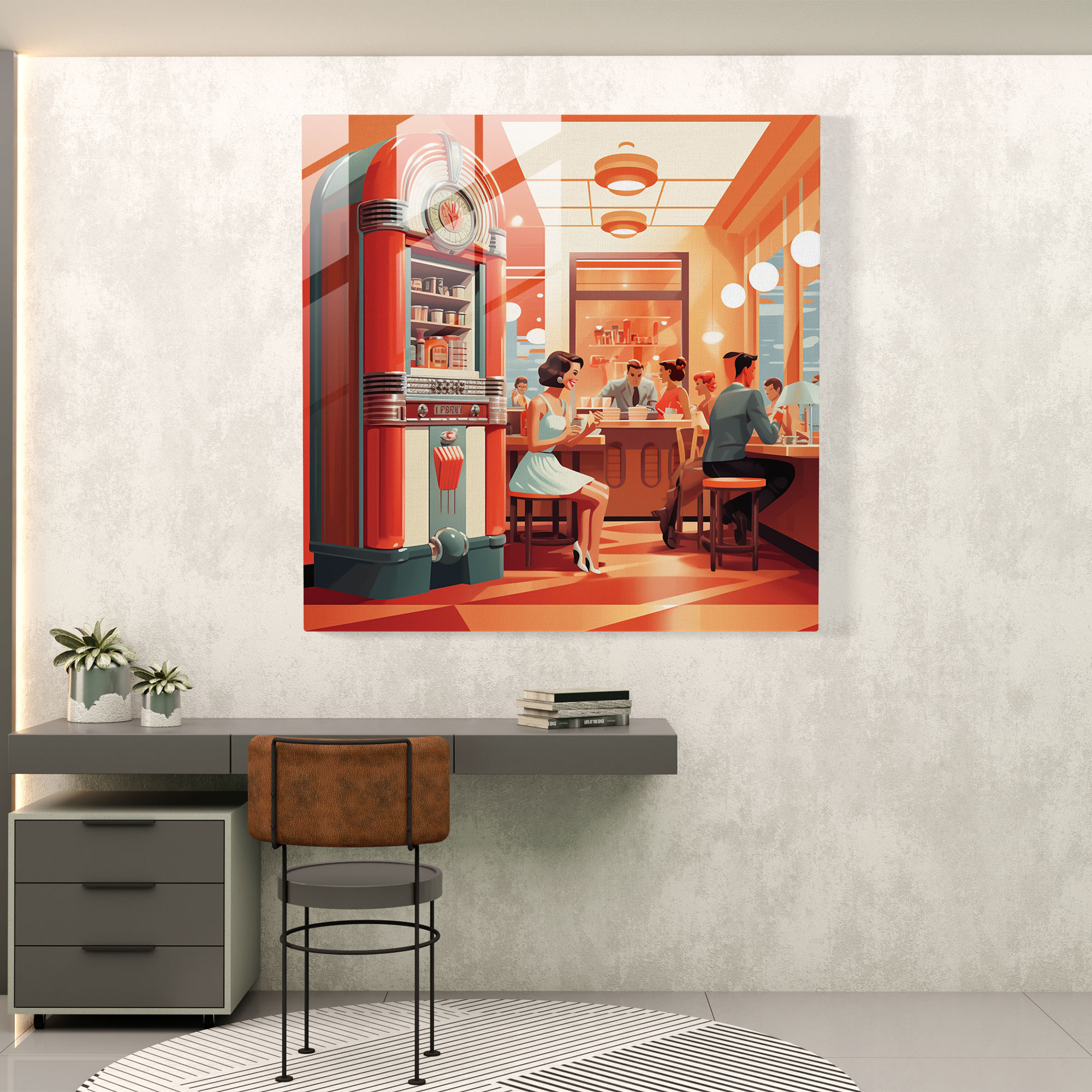 Glasbild im Retro-Stil eines Diners der Mitte des Jahrhunderts - Retro Glas Wandkunst Illustration Wohnkultur.