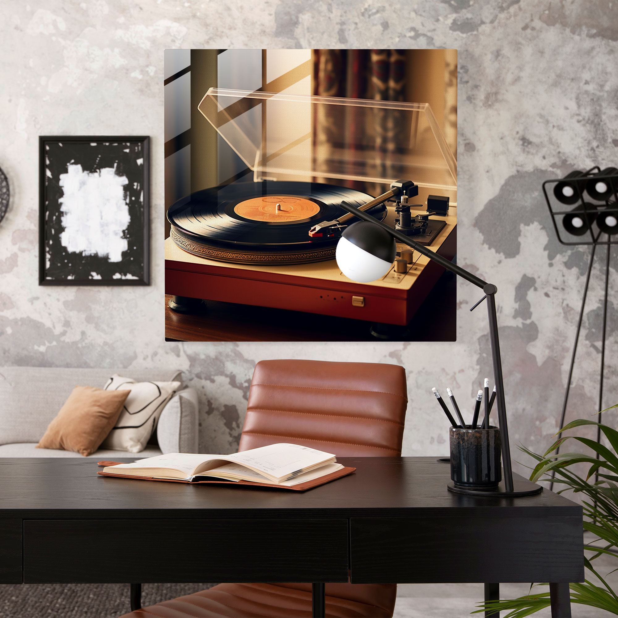 Glasbild Plattenspieler im Retro-Stil - Wanddekoration moderne Kunst