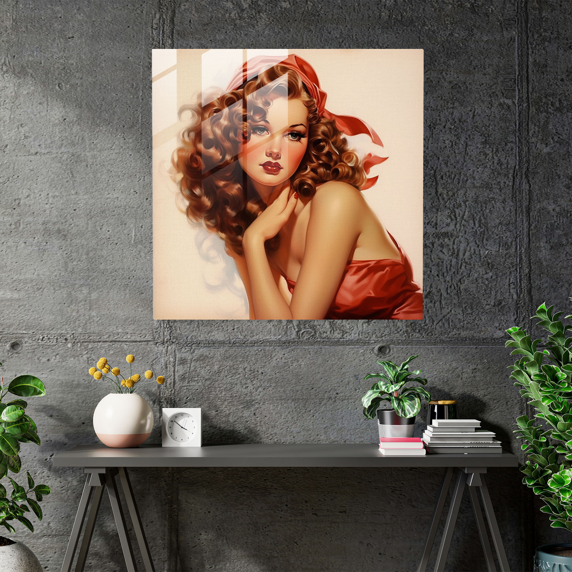 Retro Pin-Up Beauty Glasbild - Retro Vintage Pin-Up Girl Glasbild Moderne Kunst