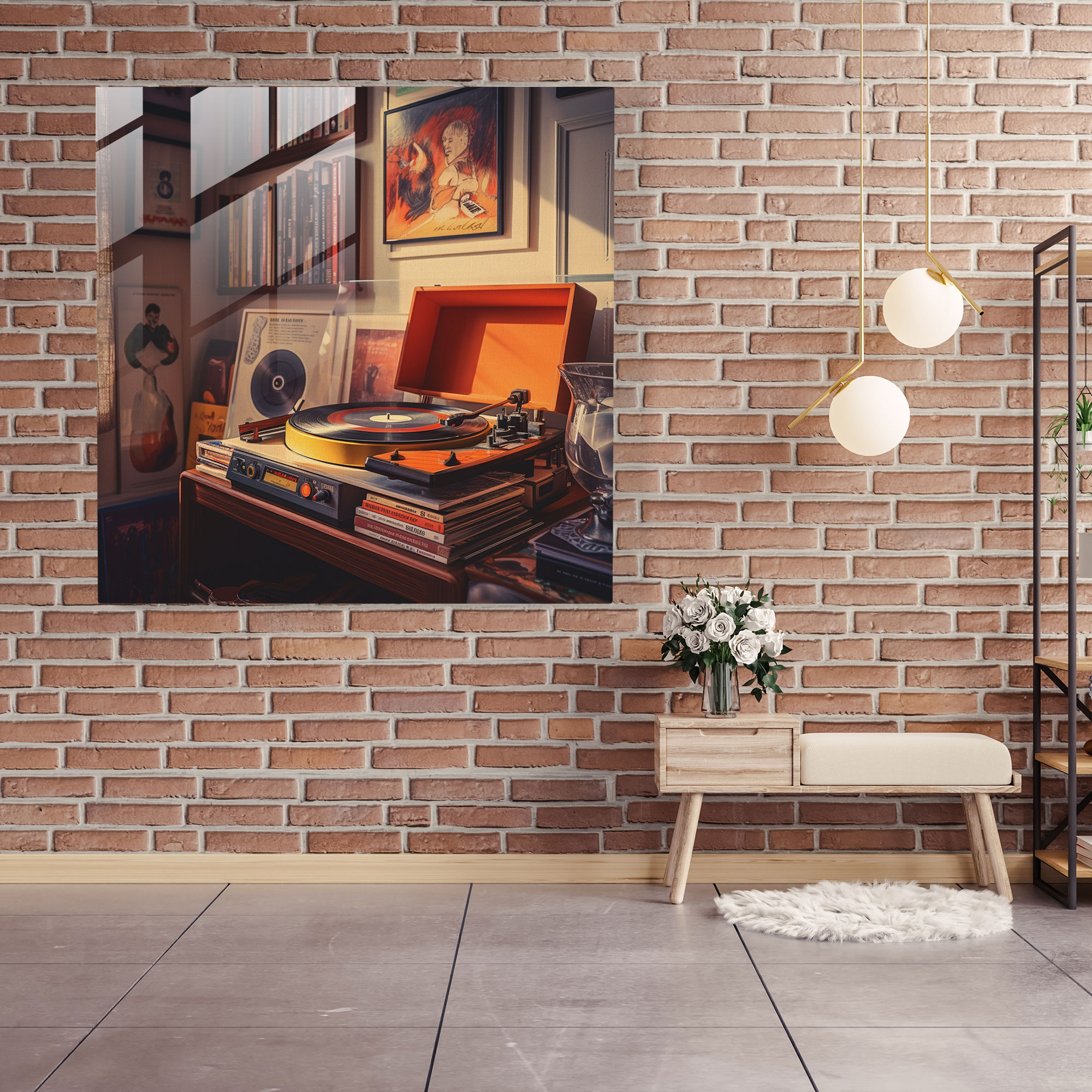 Retro Music Corner Glass Print - Retro, Vinyl Records, Modern Art, Home Decoration