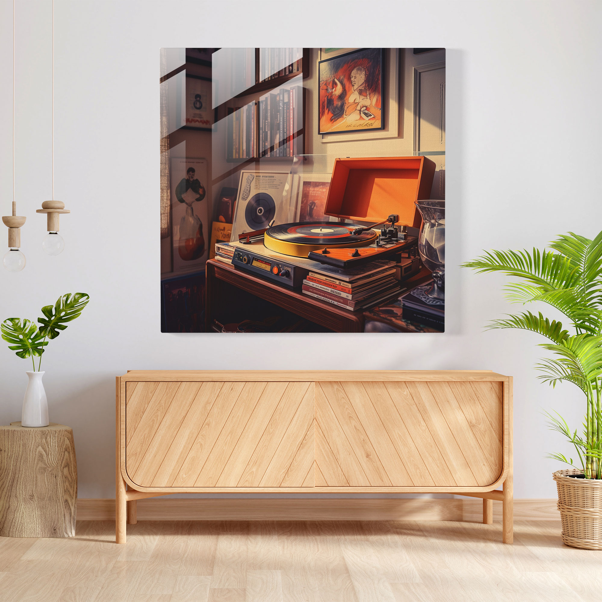 Retro Music Corner Glass Print - Retro, Vinyl Records, Modern Art, Home Decoration
