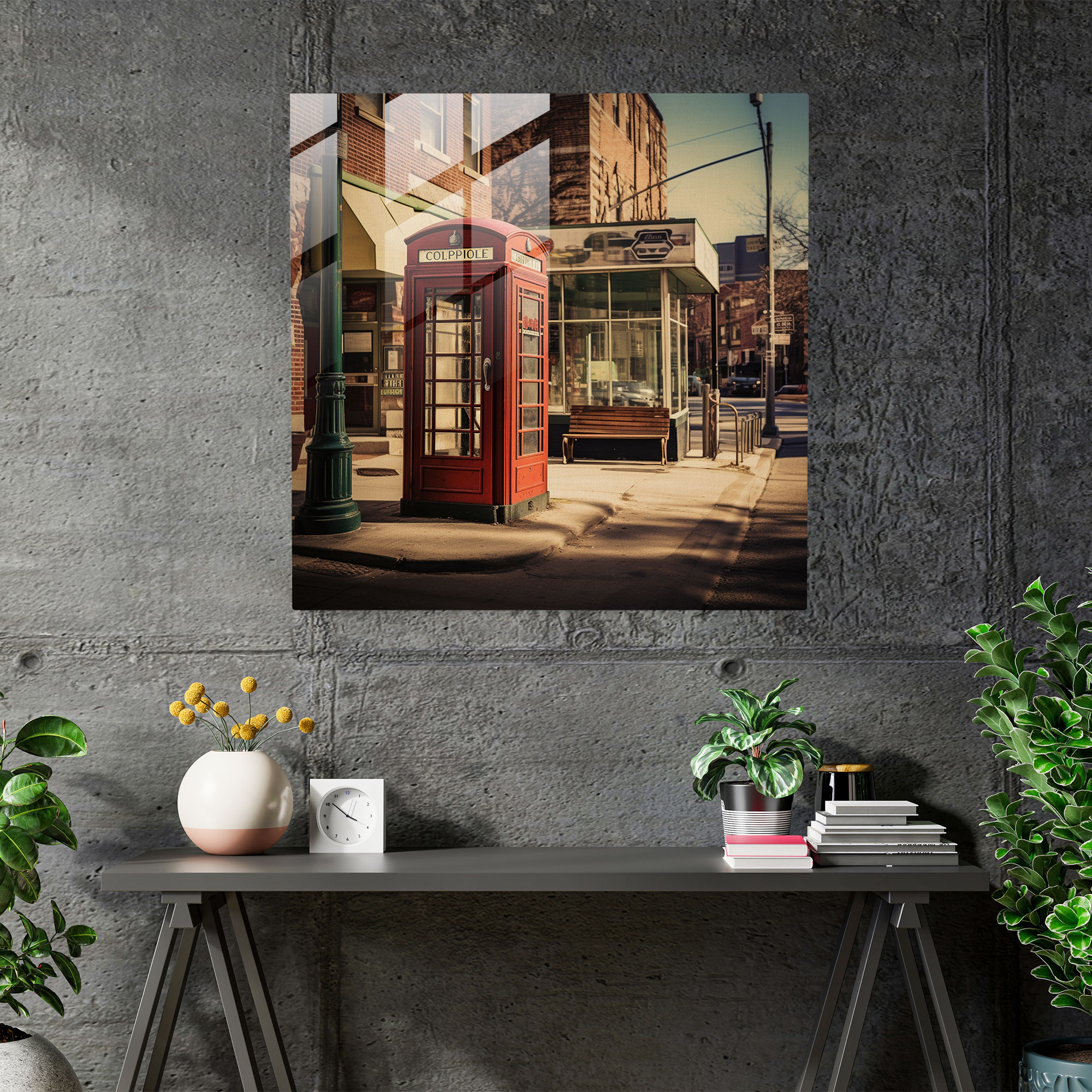 Glasbild Telefonzelle Retro - Moderne Kunst Telefon Nostalgische Straßenszene