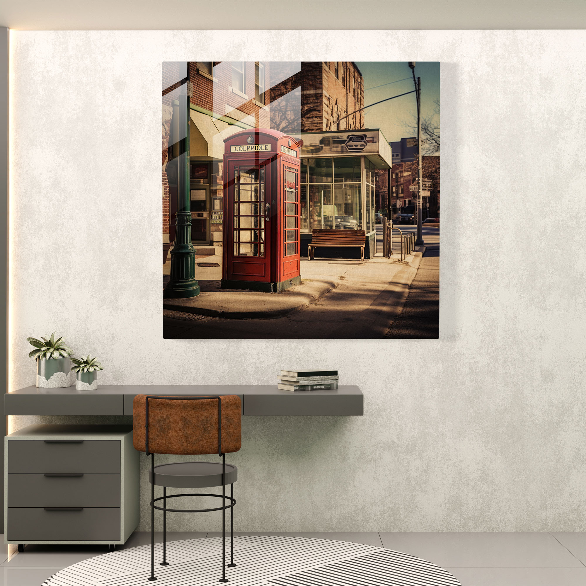 Glasbild Telefonzelle Retro - Moderne Kunst Telefon Nostalgische Straßenszene