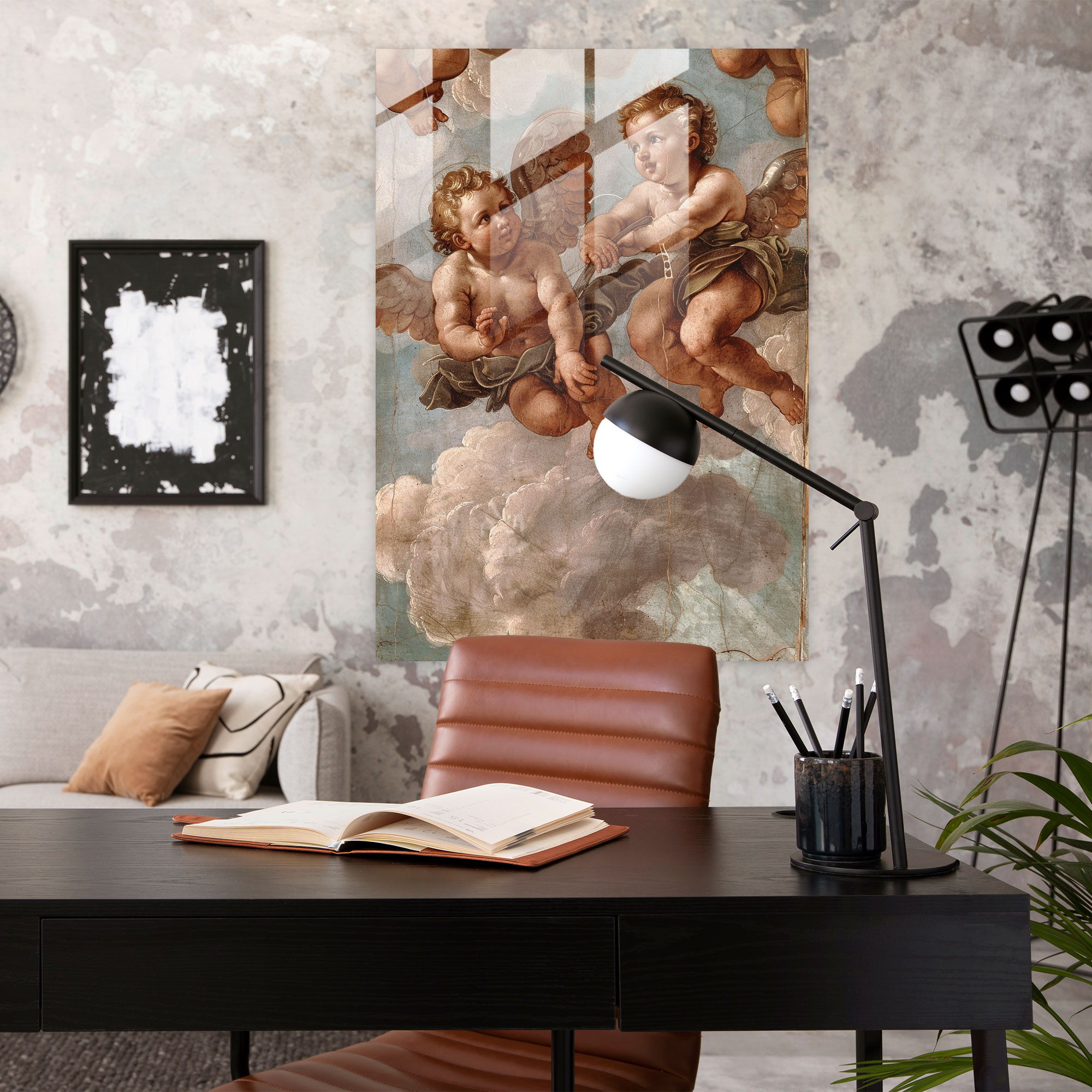Melekler Cennette Cam Tablo Sanatı - Raffaello Sanzio Cam Sanatı Modern Sanat Duvar Dekorasyonu