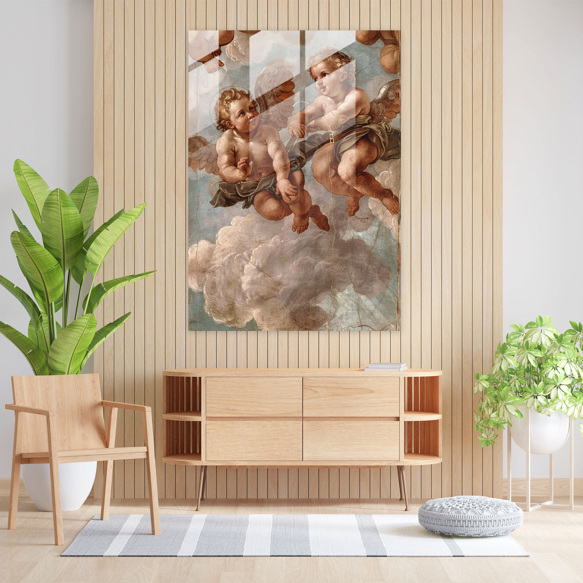Melekler Cennette Cam Tablo Sanatı - Raffaello Sanzio Cam Sanatı Modern Sanat Duvar Dekorasyonu
