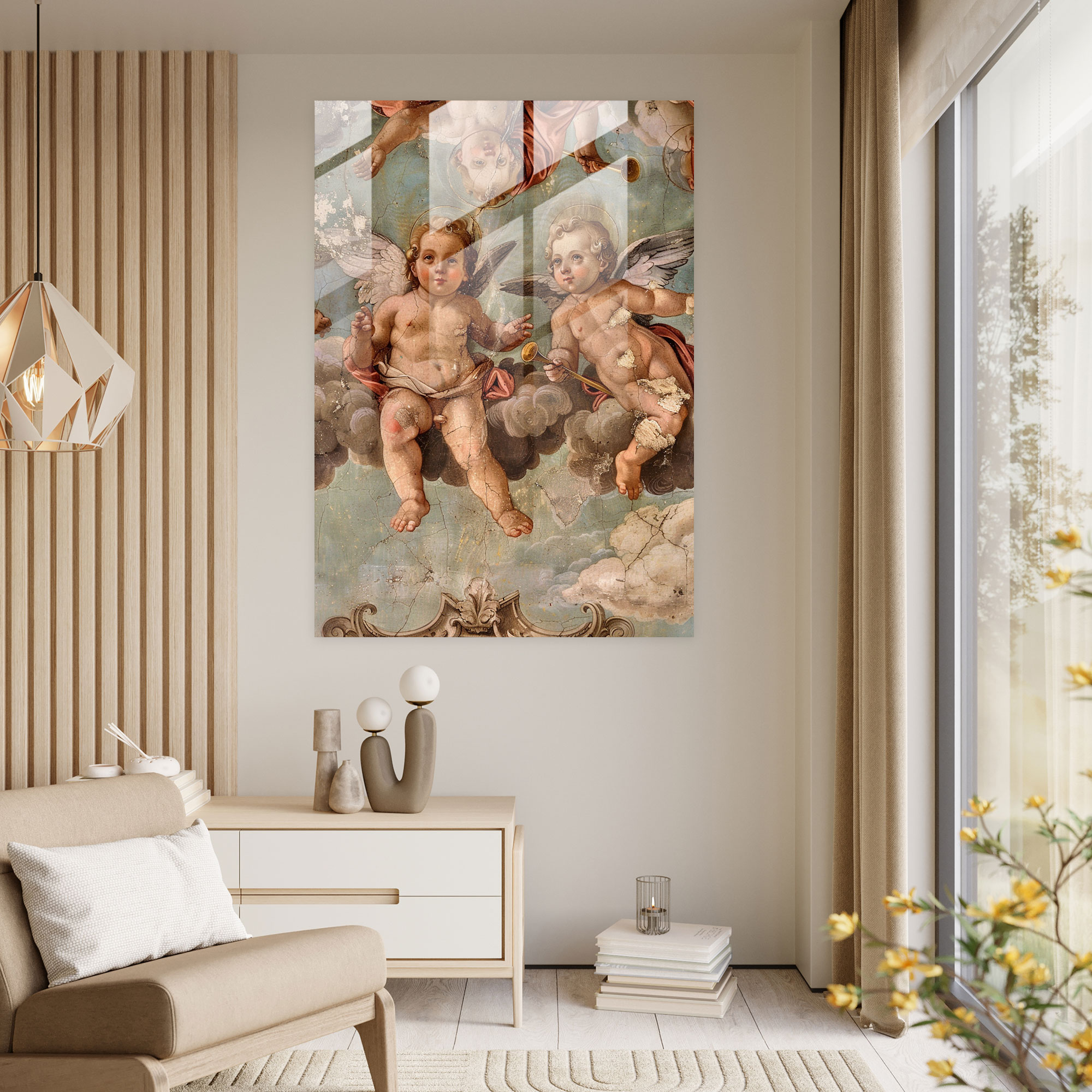 Raffaello Sanzio Melekler ve Trompetleri Cam Tablo Duvar Dekorasyonu - Modern Sanat