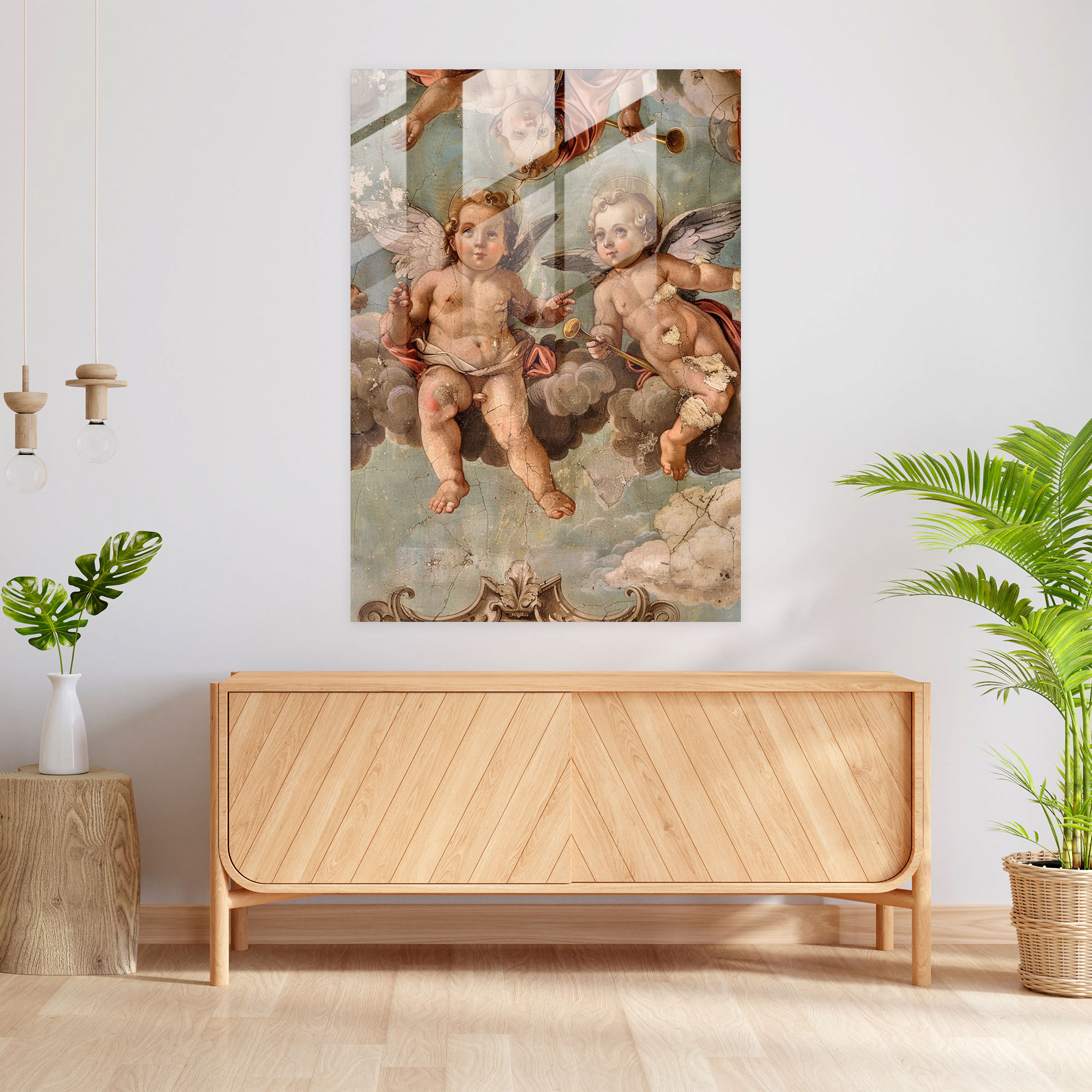 Raffaello Sanzio Melekler ve Trompetleri Cam Tablo Duvar Dekorasyonu - Modern Sanat
