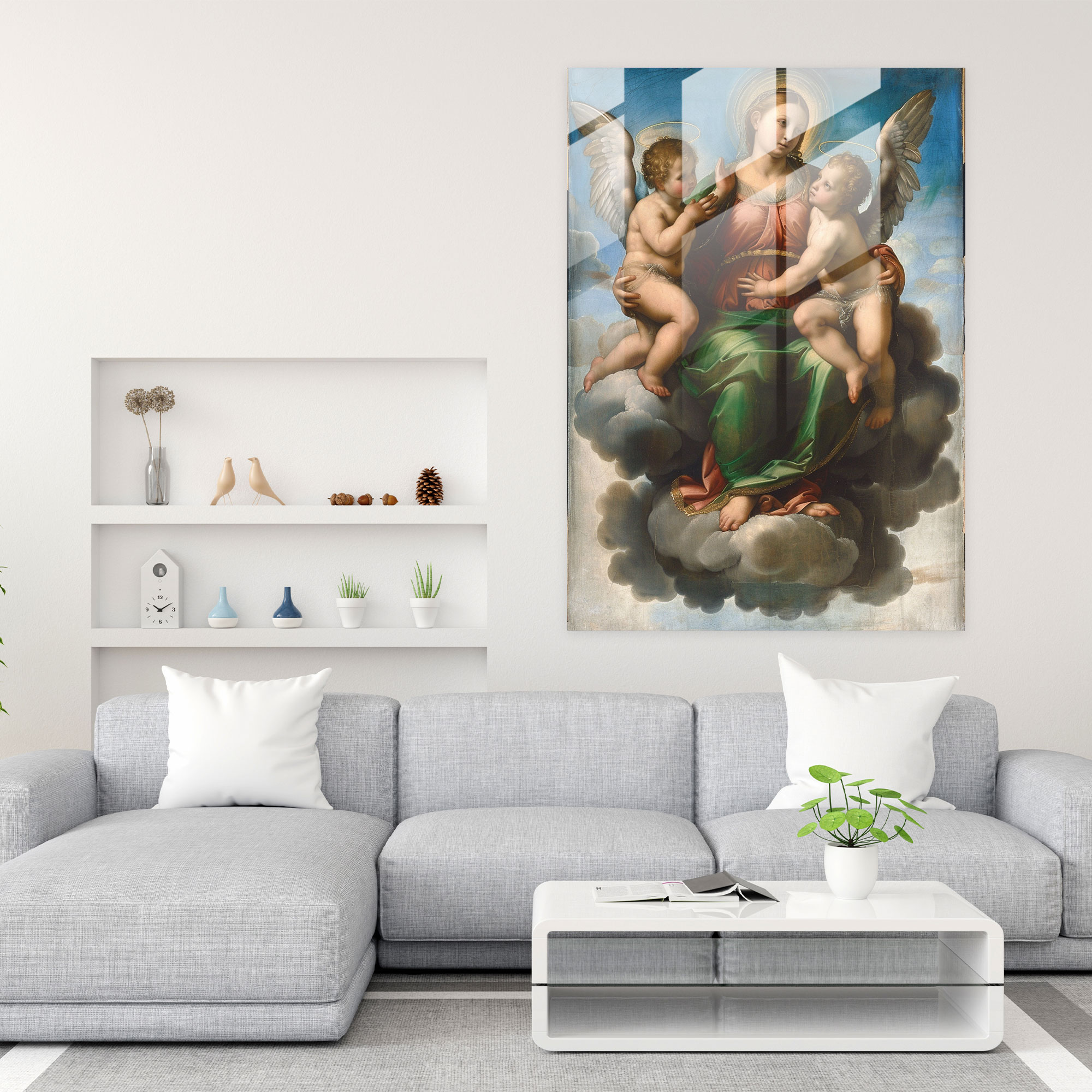 Raffaello Sanzio'nun Sistine Madonna Cam Tablosu - Modern Sanat Ev Dekorasyonu Cam Duvar Sanatı
