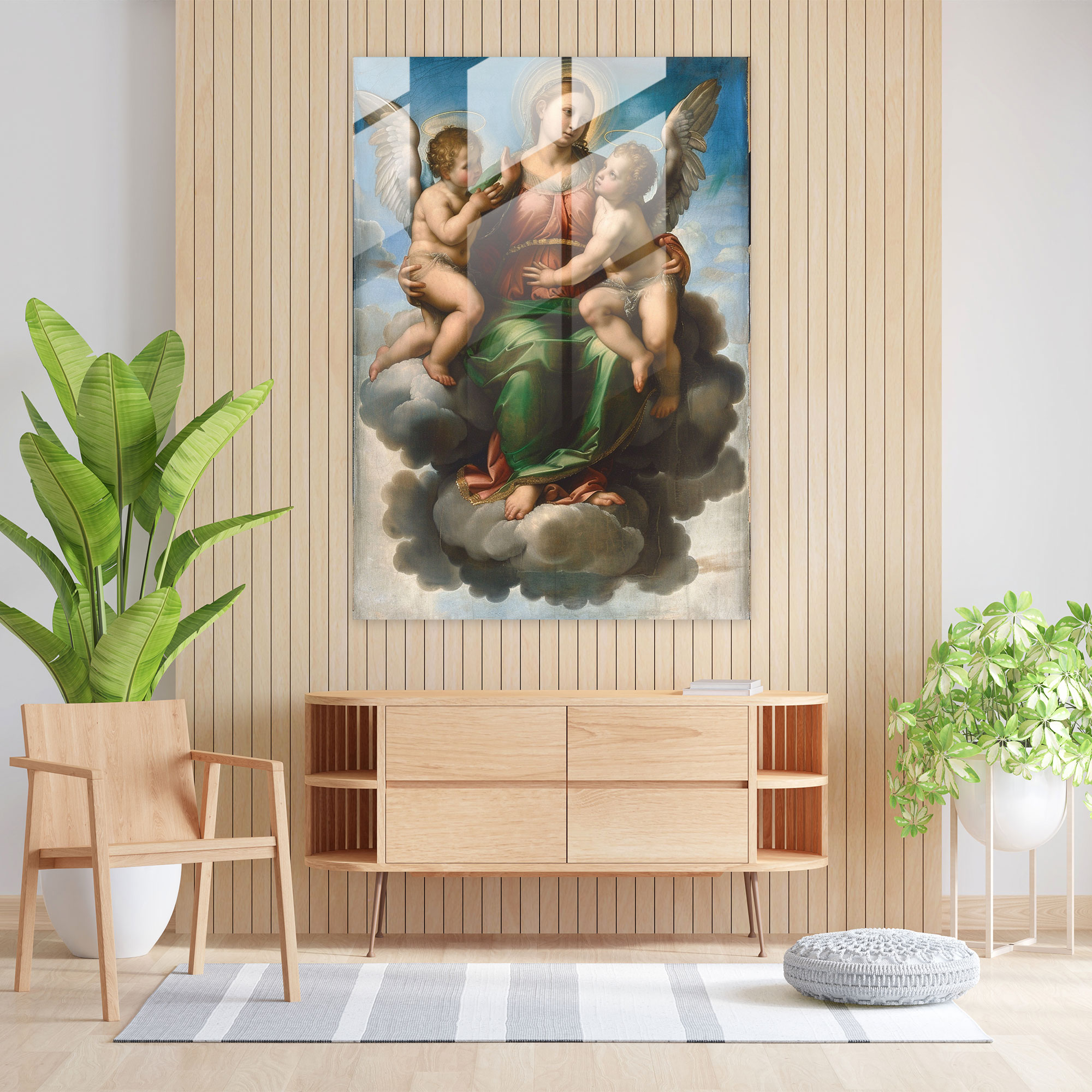 Raffaello Sanzio'nun Sistine Madonna Cam Tablosu - Modern Sanat Ev Dekorasyonu Cam Duvar Sanatı