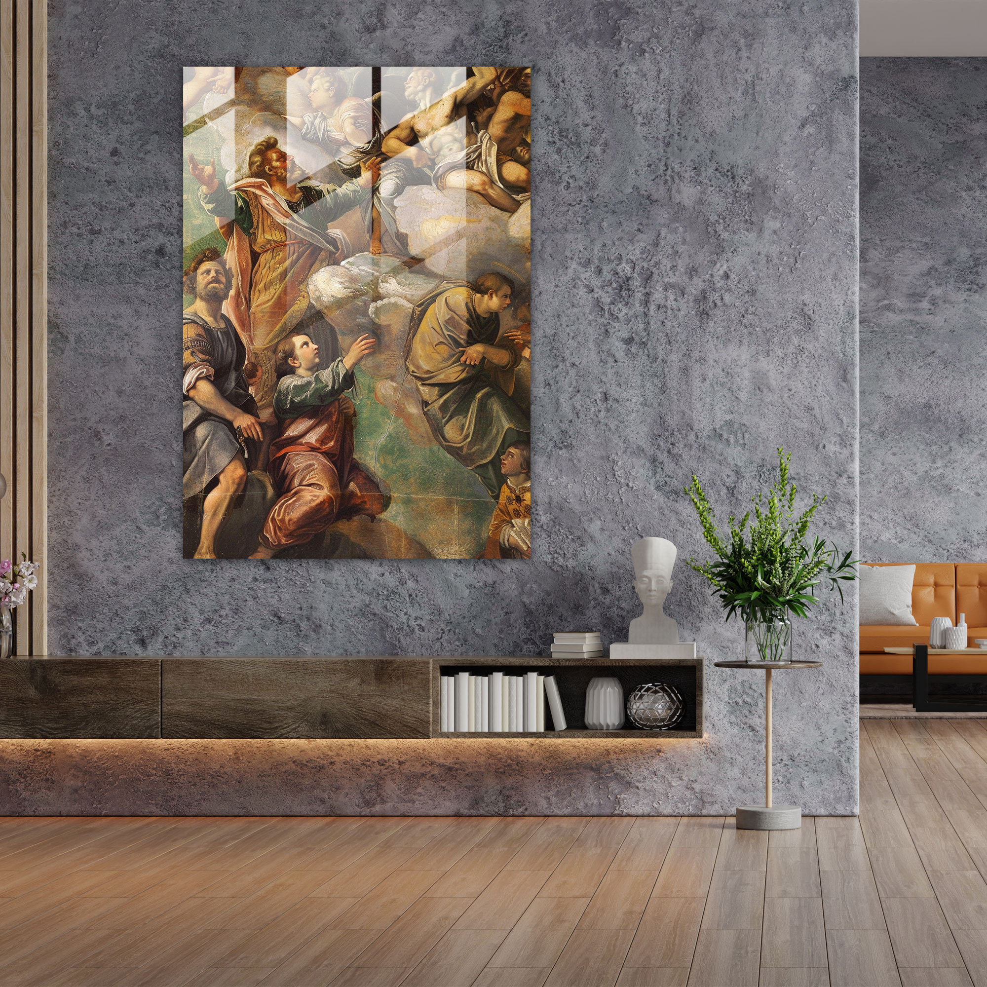Raffaello Sanzio Cam Sanatı - Modern Tasarım Altın Tonları Cam Duvar Sanatı