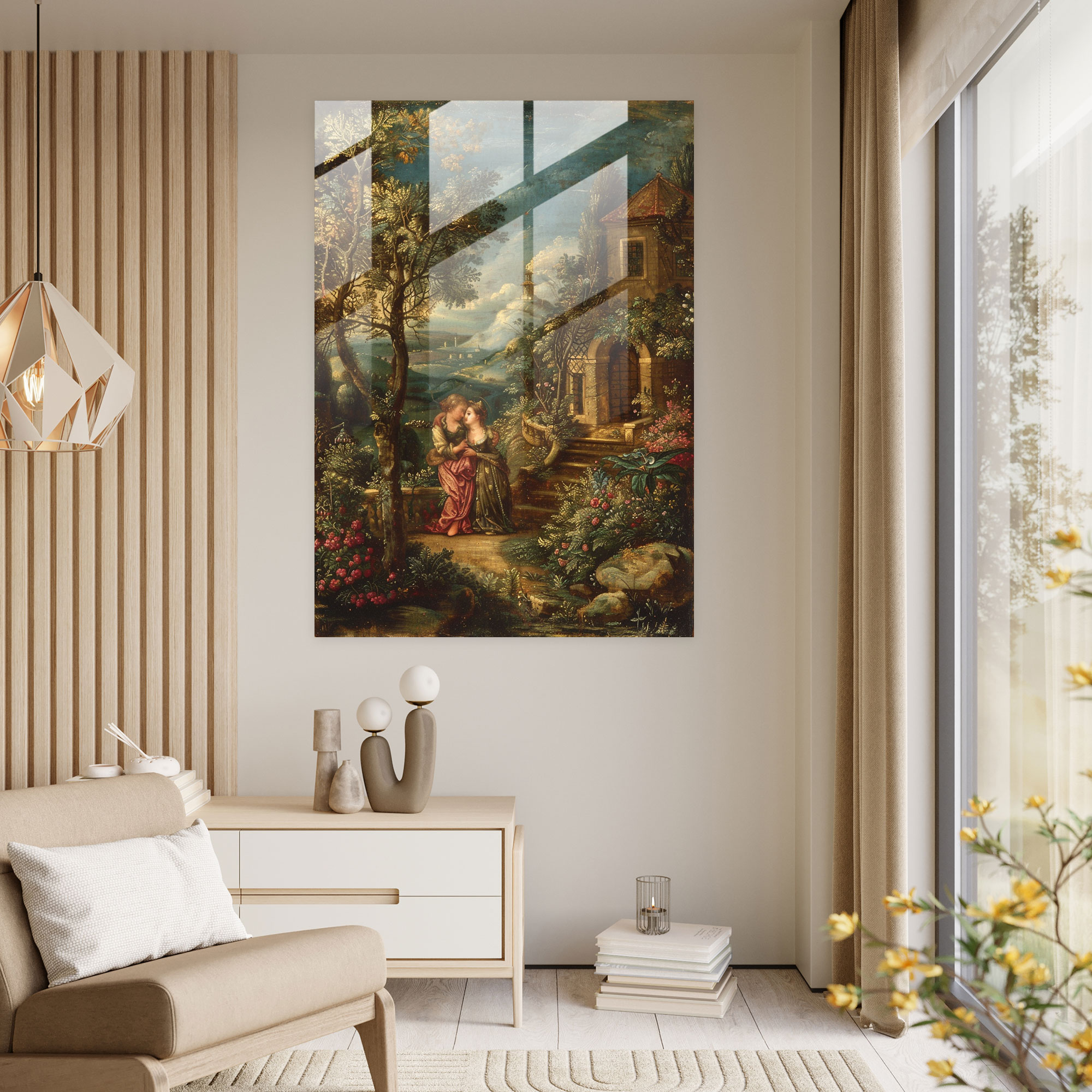 Romantik Bahçe Cam Tablo - Raffaello Sanzio Modern Sanat Ev Dekorasyonu