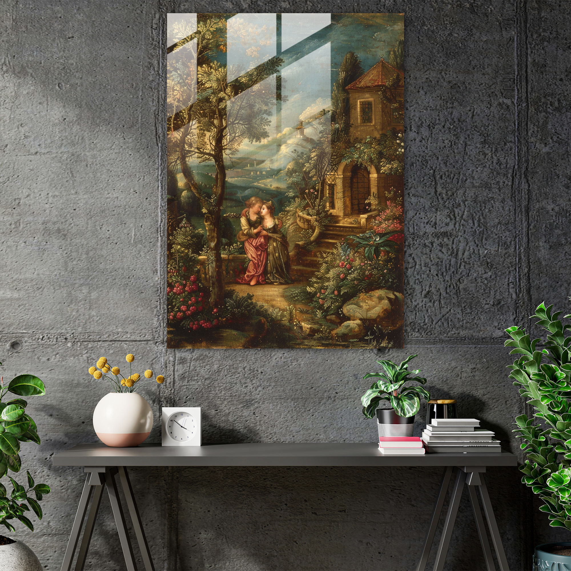 Romantik Bahçe Cam Tablo - Raffaello Sanzio Modern Sanat Ev Dekorasyonu