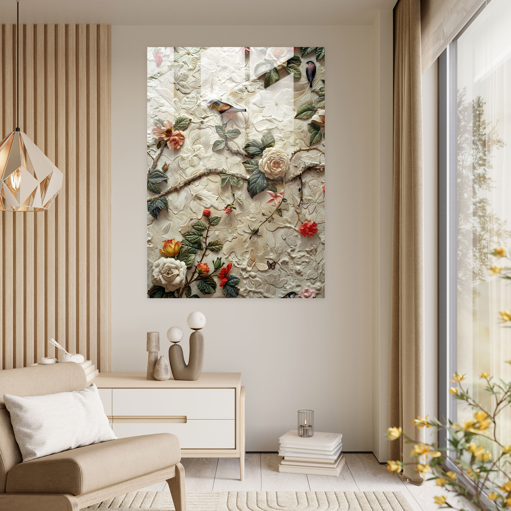 Raffaello Sanzio Duvar Dekorasyonu - Floral Motifler Cam Tablo