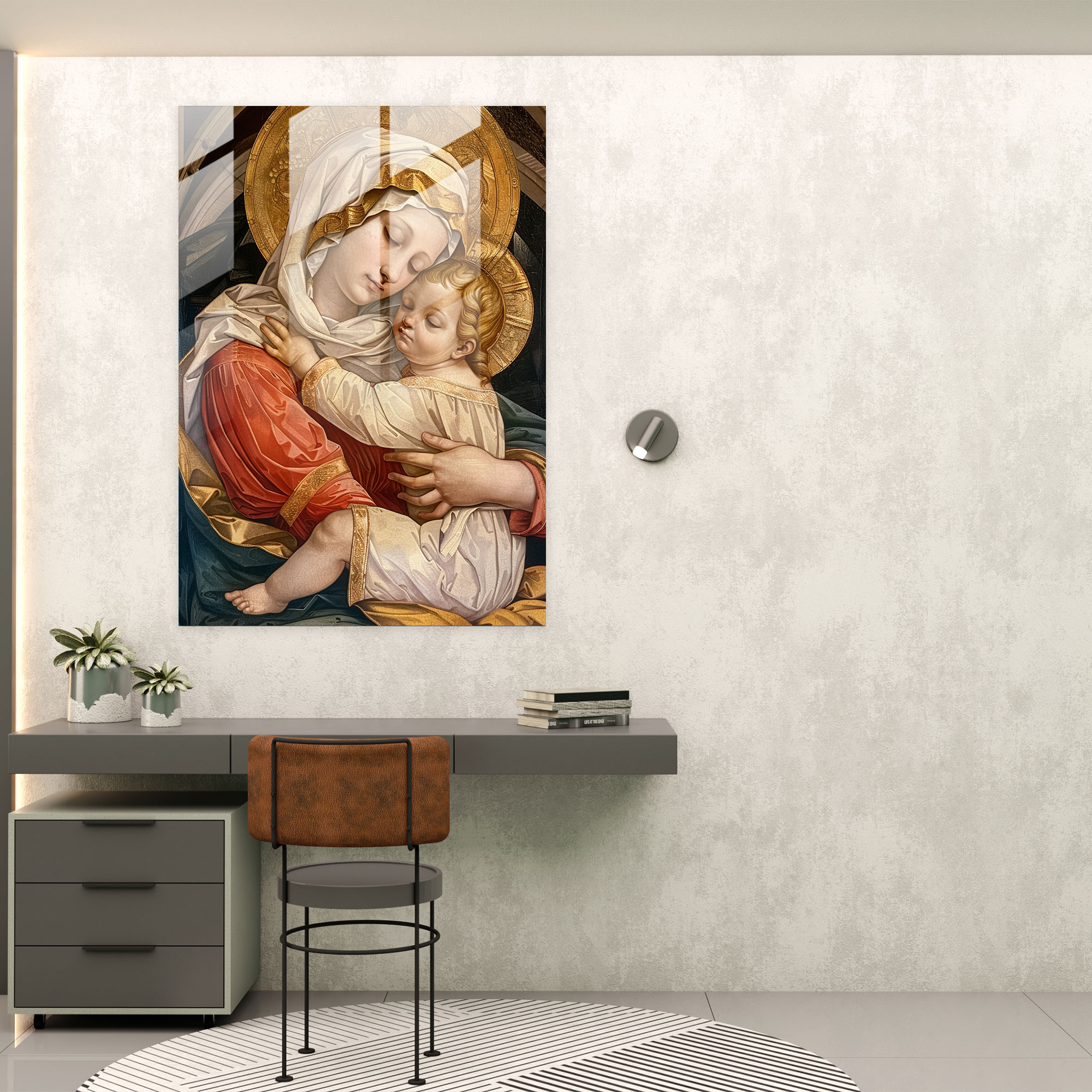 Raffaello Sanzio Cam Sanatı Duvar Dekorasyonu - Raffaello Sanzio Cam Sanat Meryem Ana ve Çocuk Tablosu