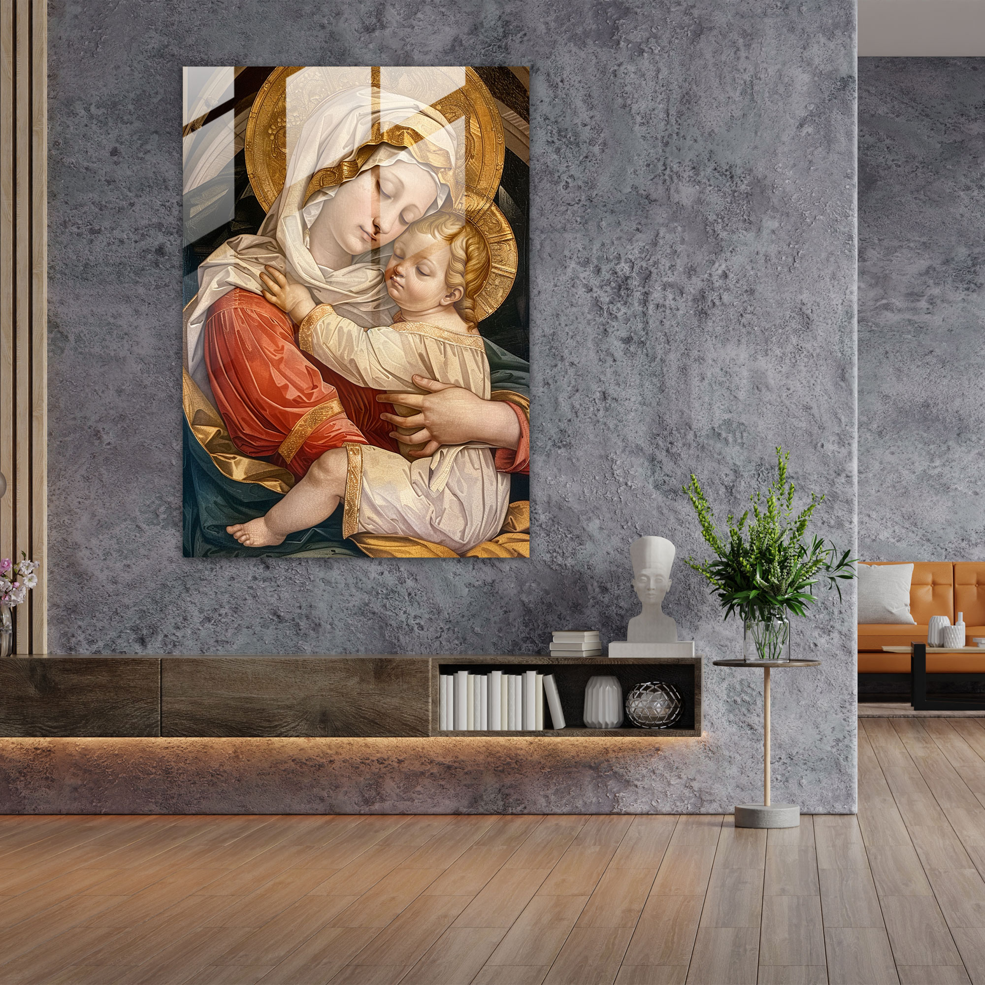 Raffaello Sanzio Cam Sanatı Duvar Dekorasyonu - Raffaello Sanzio Cam Sanat Meryem Ana ve Çocuk Tablosu