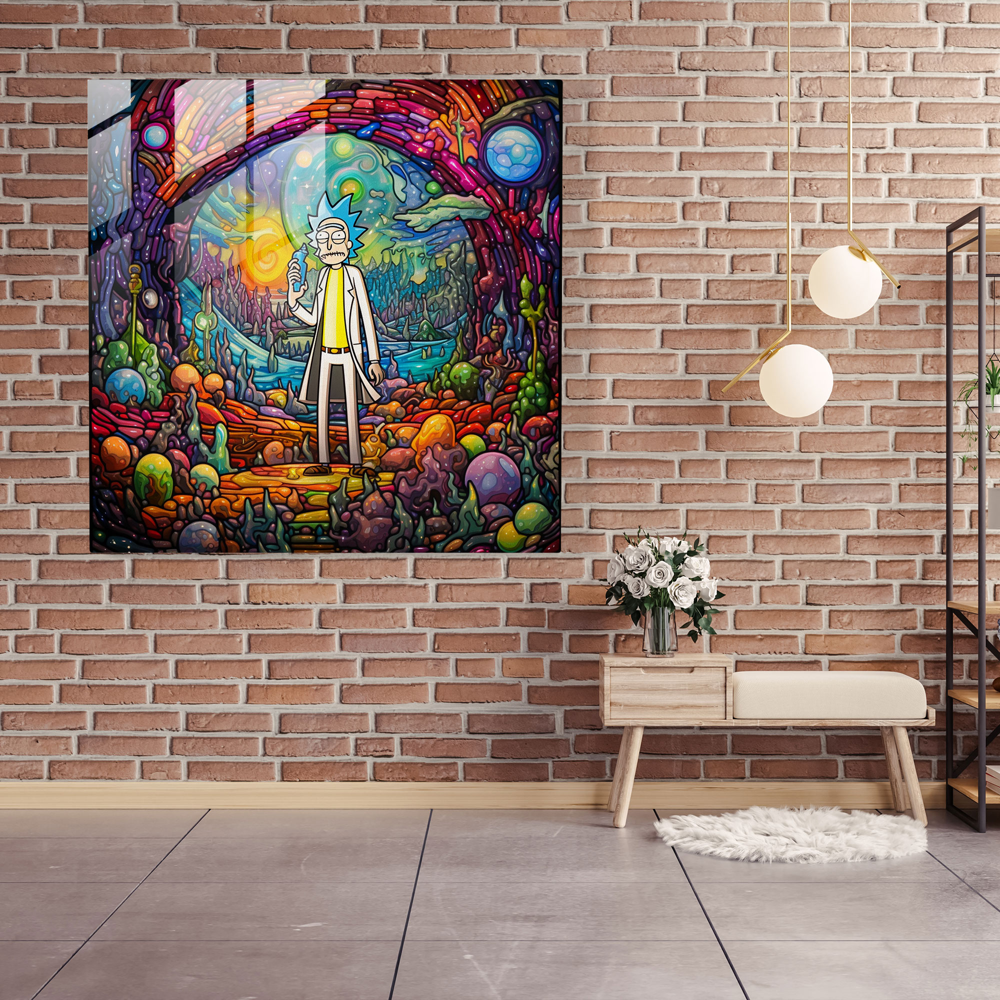 Renkli Cam Mozaik Tablo - Rick ve Morty Uzay Temalı Duvar Dekorasyonu
