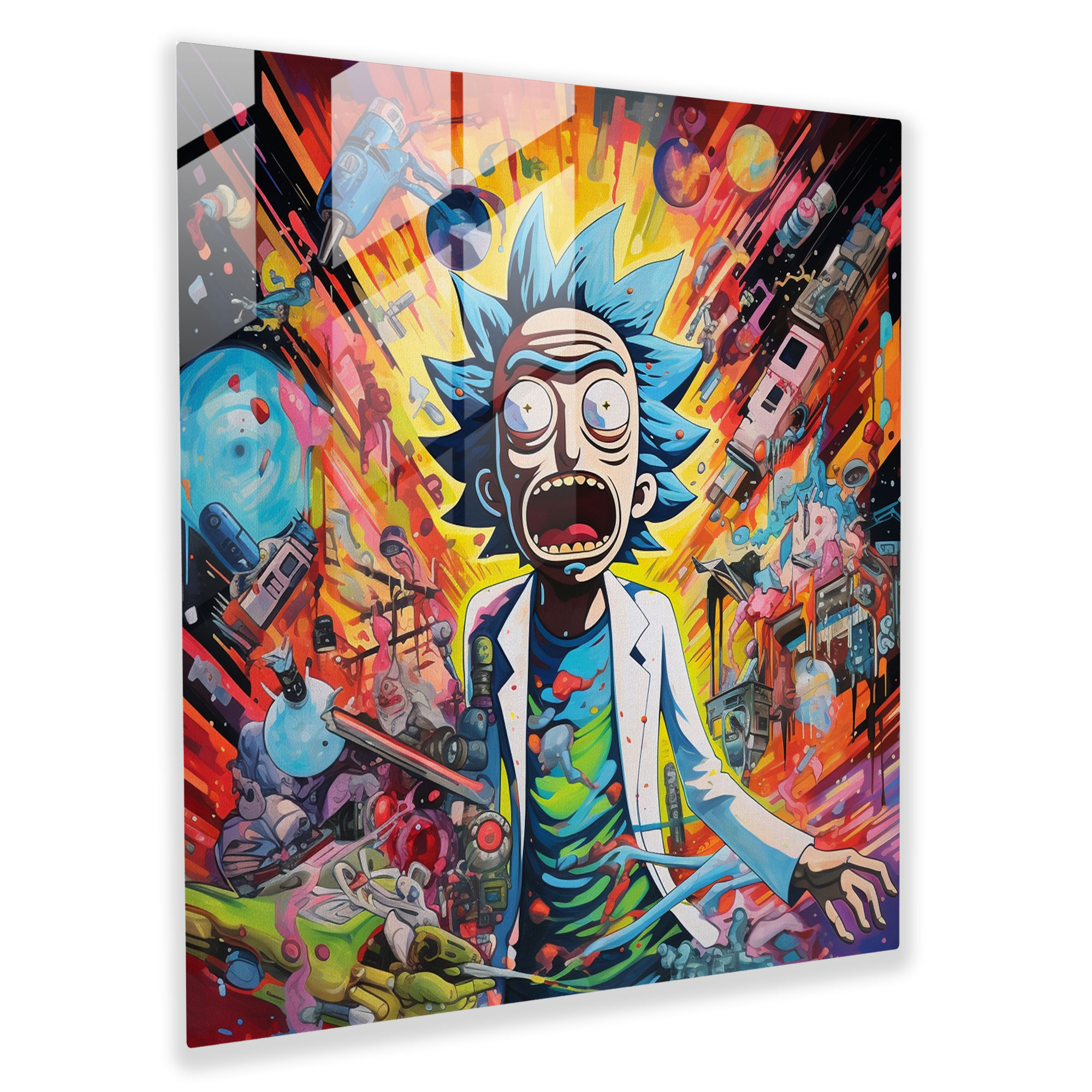 Pop Art Cam Tablo - Rick and Morty Çizgi Roman Tarzı Patlama ile Kucaklaşıyor