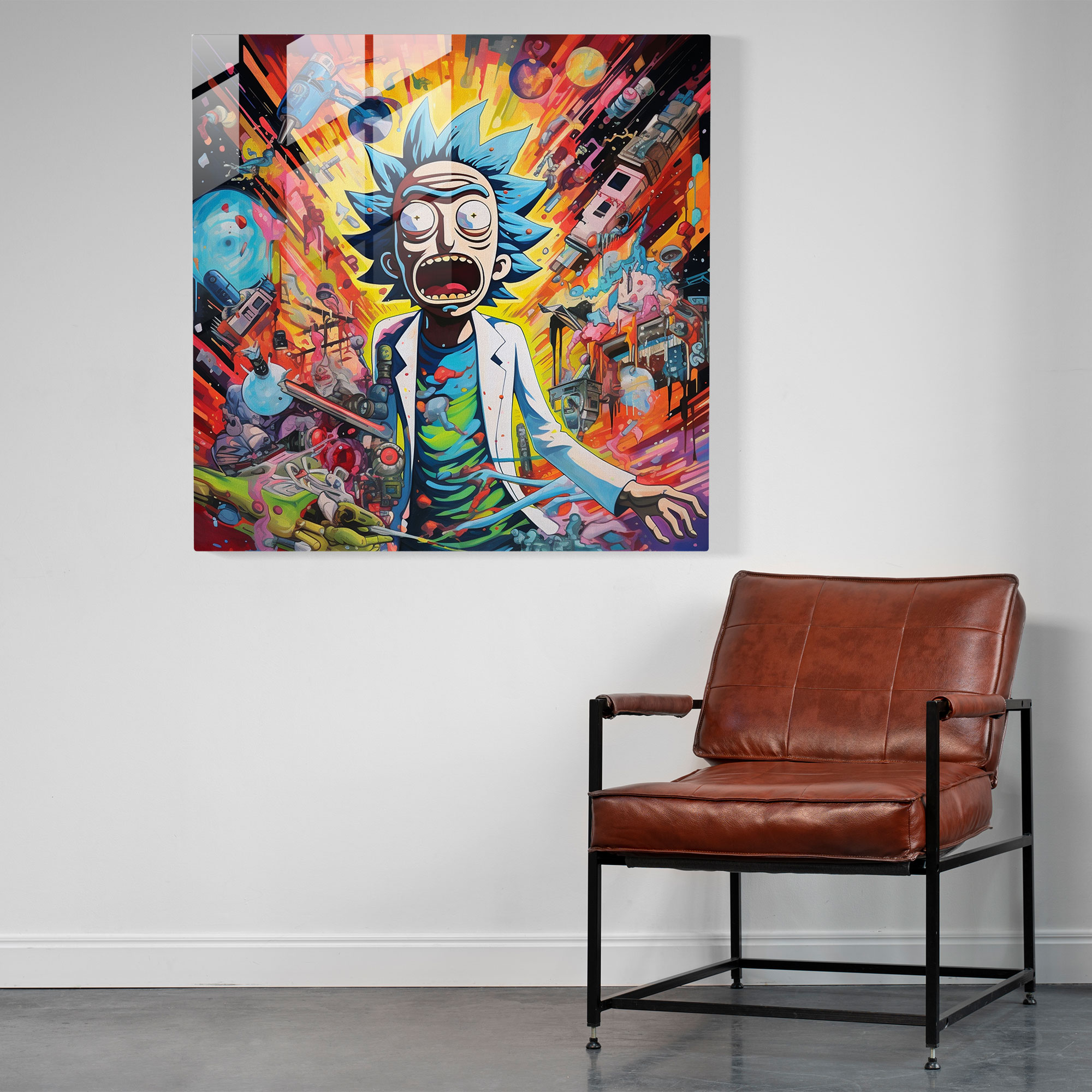 Pop Art Cam Tablo - Rick and Morty Çizgi Roman Tarzı Patlama ile Kucaklaşıyor