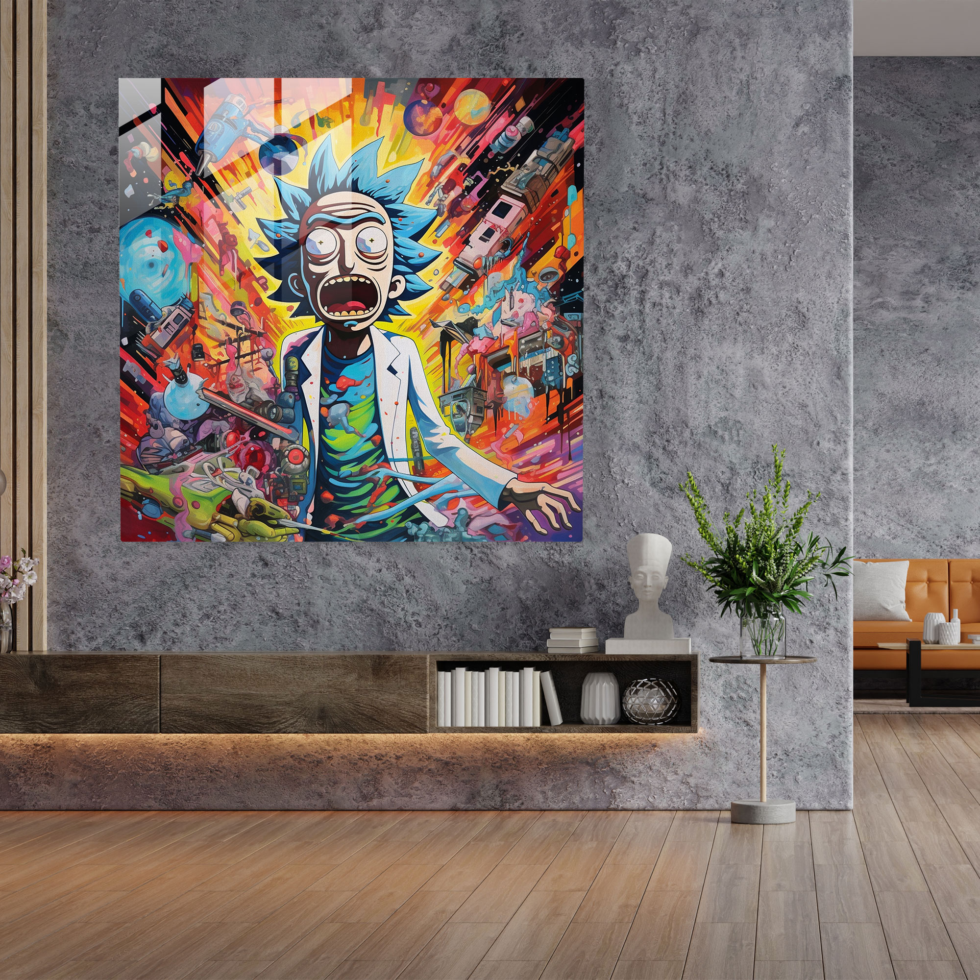 Pop Art Cam Tablo - Rick and Morty Çizgi Roman Tarzı Patlama ile Kucaklaşıyor