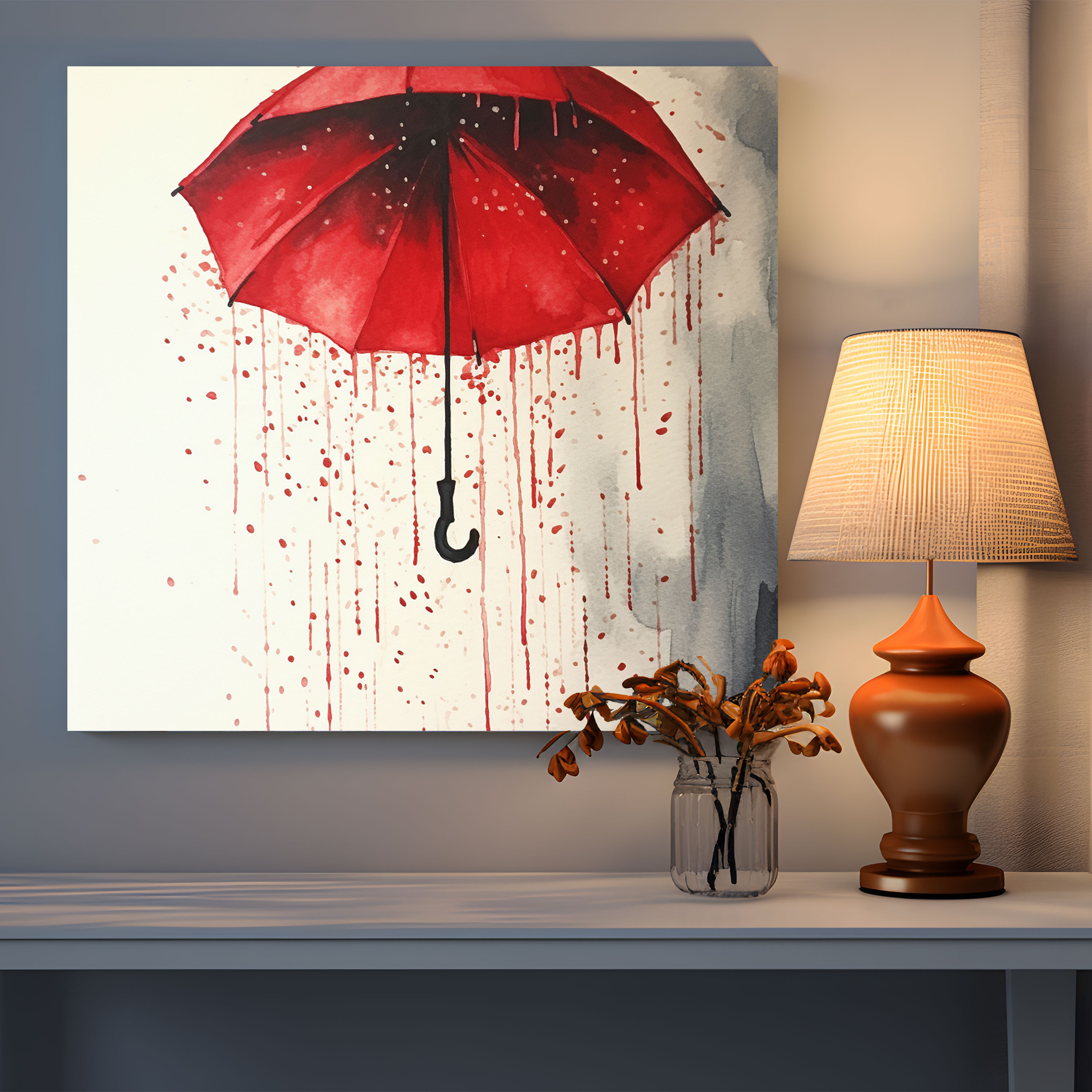 Rainy Day Canvas Print - Rain, Wall Decoration, Serenity, Red Umbrella