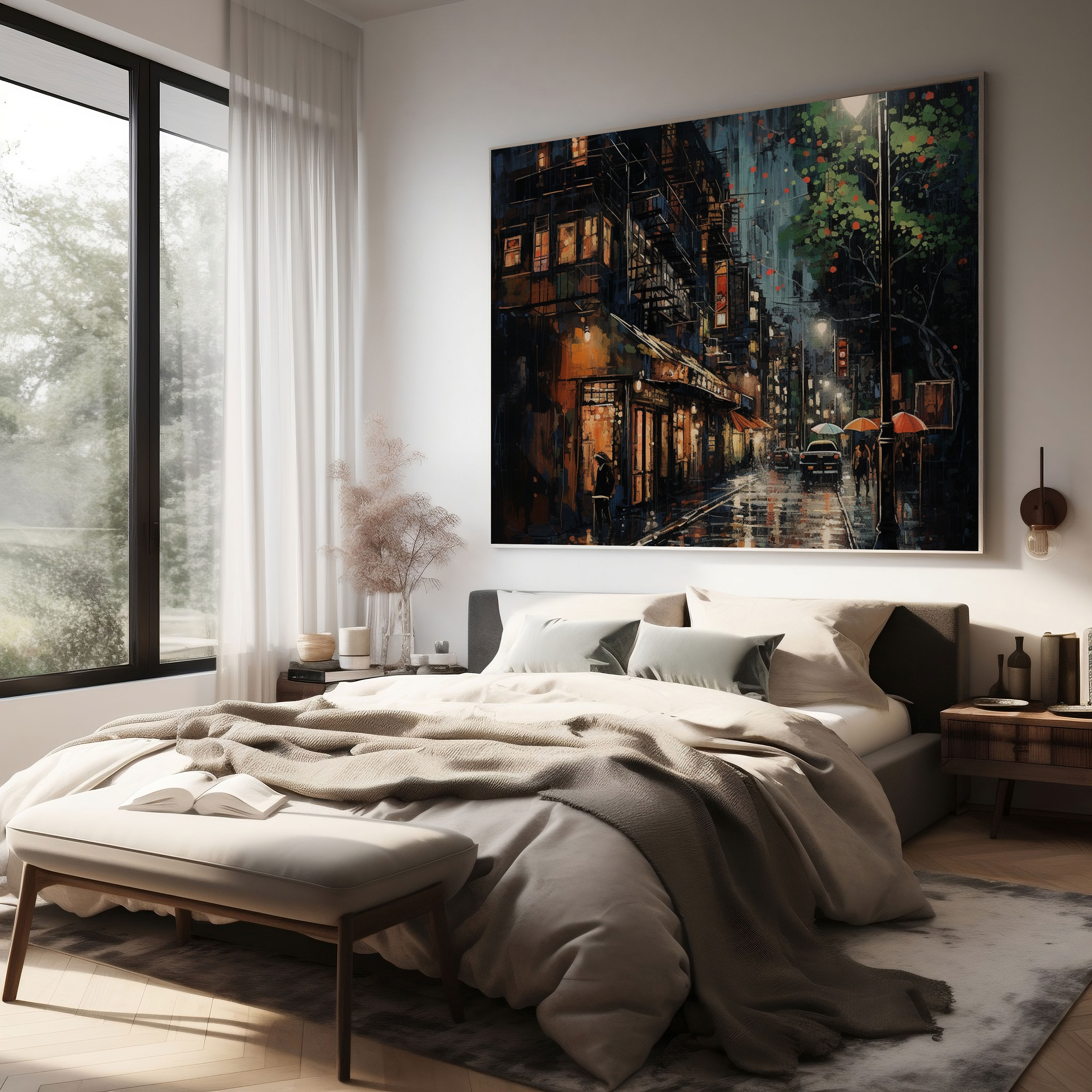 Rainy Night Canvas Print - Rain, Mystery, Mixed Media Artwork, Canvas