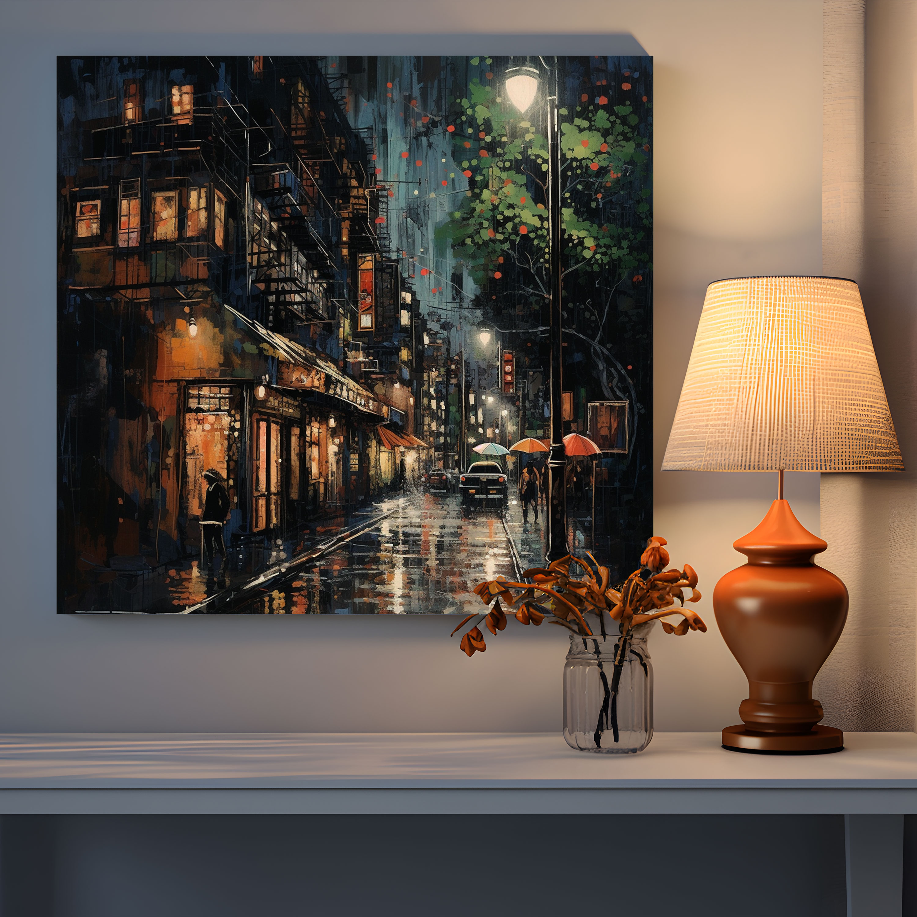 Rainy Night Canvas Print - Rain, Mystery, Mixed Media Artwork, Canvas