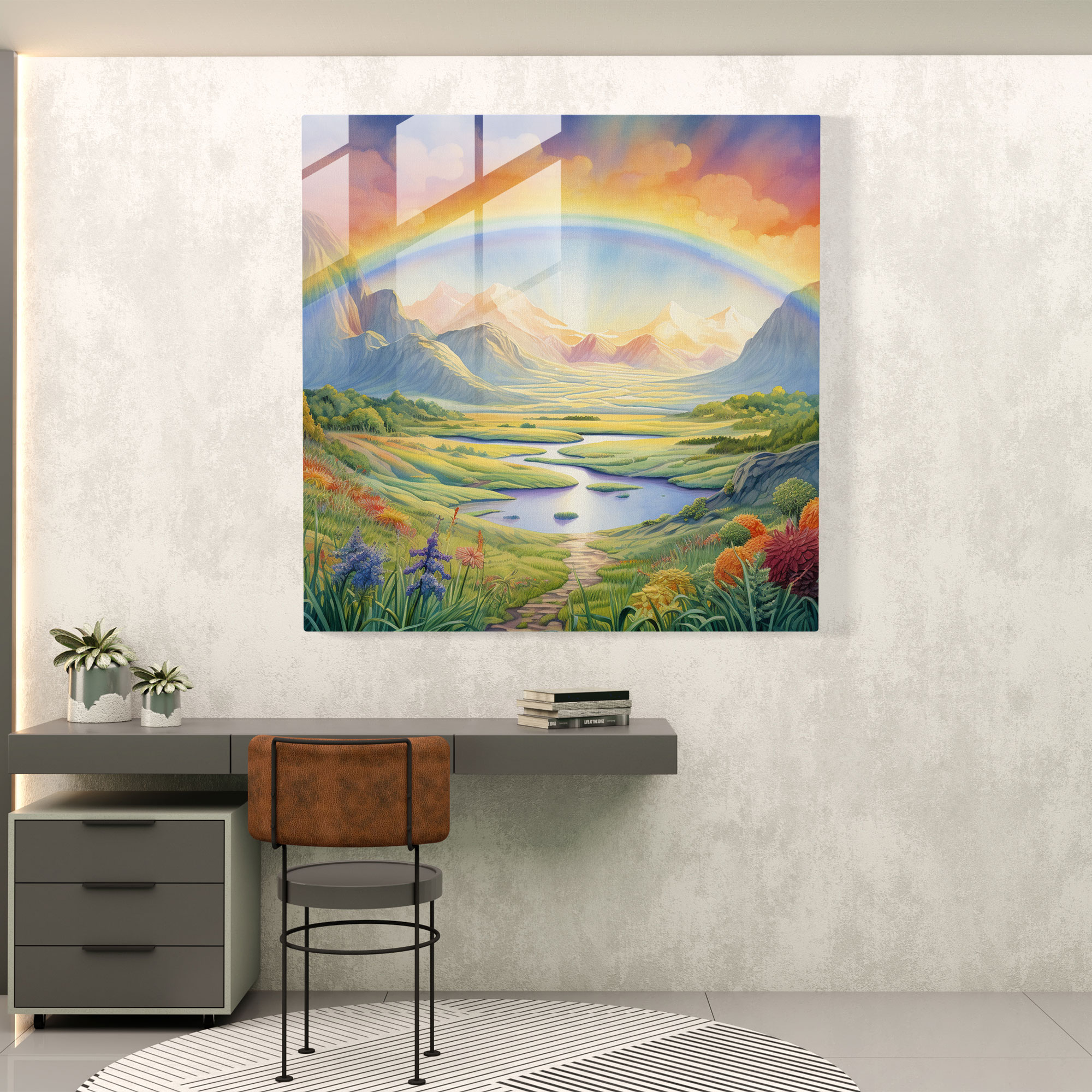 Rainbow Glass Print - Serene Landscape - Rainbow, Watercolor Landscape Painting, Glass Art, Wall Decoration